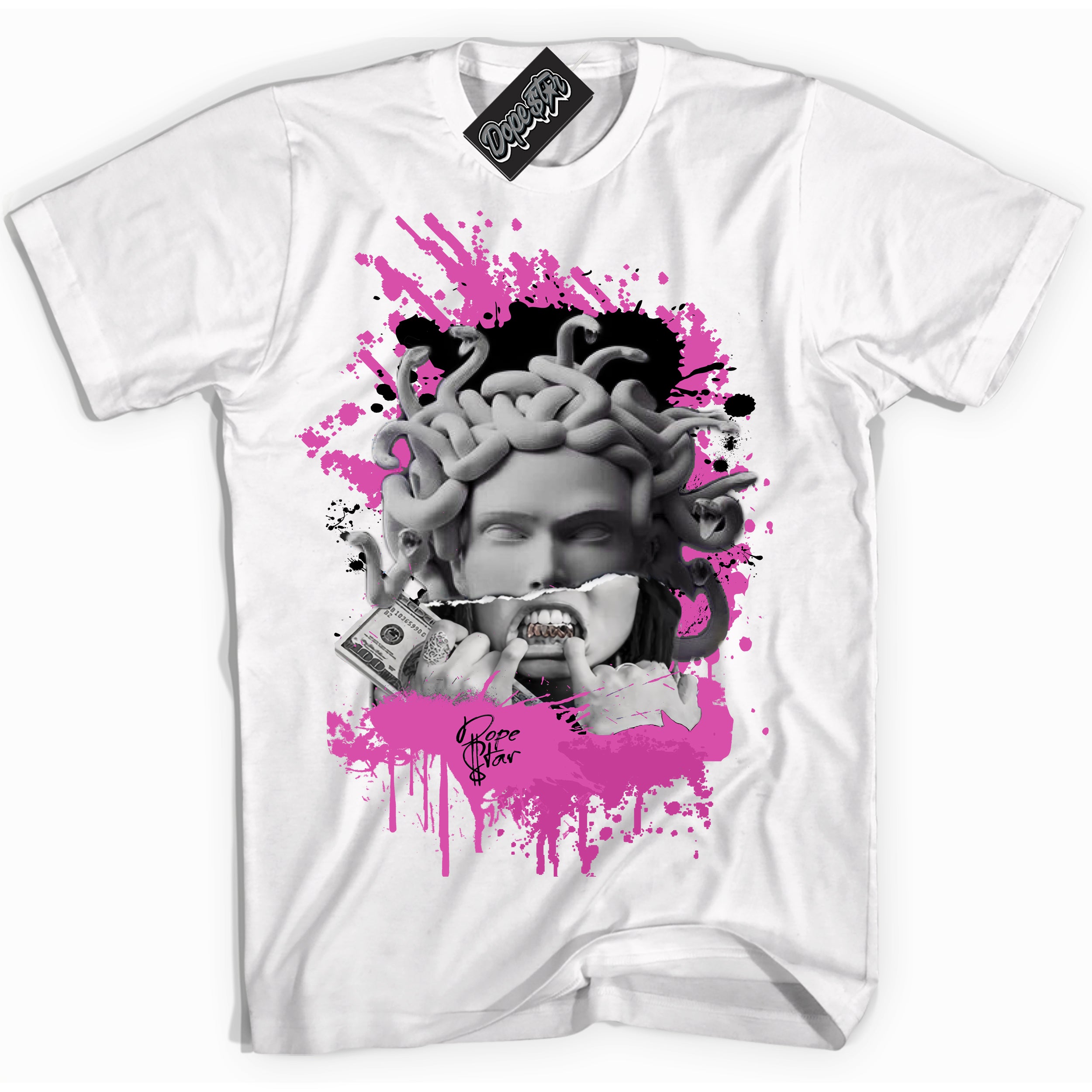 White T-shirt with playful pink and black "Medusa" graphic, made to match Air Max 1 Valentine's Day sneakers | Sneaker Shirts Outlet