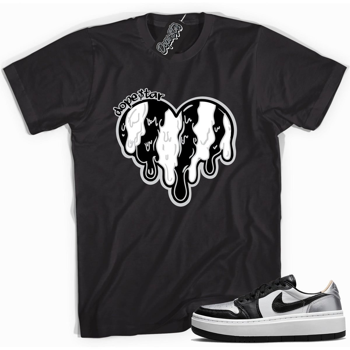 Cool black graphic tee with 'melting heart' print, that perfectly matches Air Jordan 1 Elevate Low SE Silver Toe sneakers.