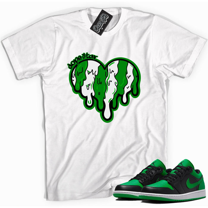 Cool white graphic tee with 'melting heart' print, that perfectly matches Air Jordan 1 Low Lucky Green sneakers