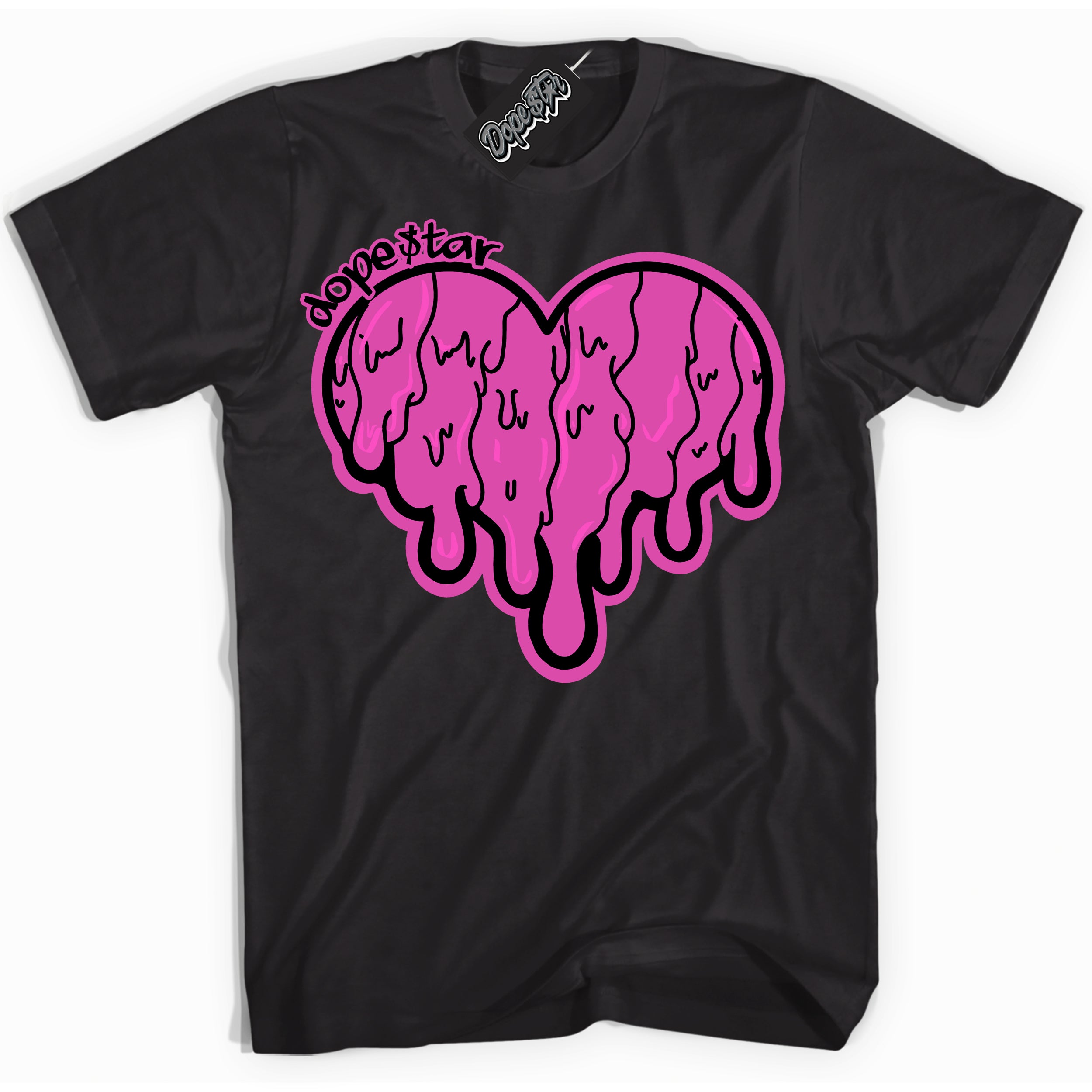 Black T-shirt with playful pink and black "Melting Heart" graphic, made to match Air Max 1 Valentine's Day sneakers | Sneaker Shirts Outlet
