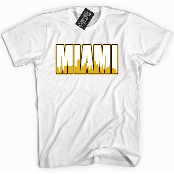 Cool White Shirt with “ Miami” design that perfectly matches Yellow Ochre 6s Sneakers.