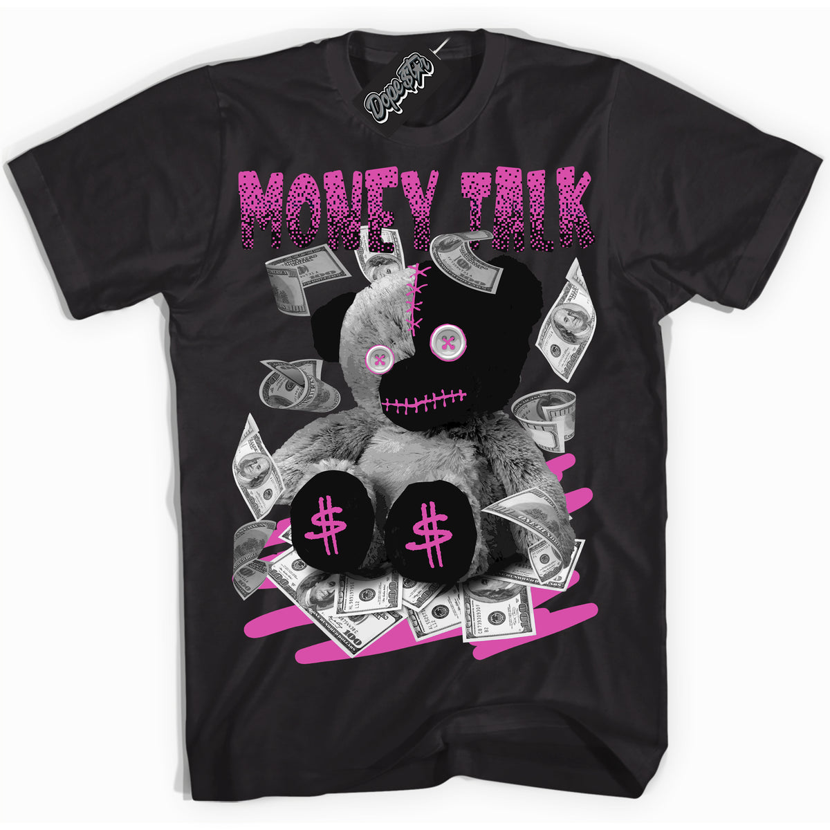 Black T-shirt with playful pink and black "Money Talk Bear" graphic, made to match Air Max 1 Valentine's Day sneakers | Sneaker Shirts Outlet