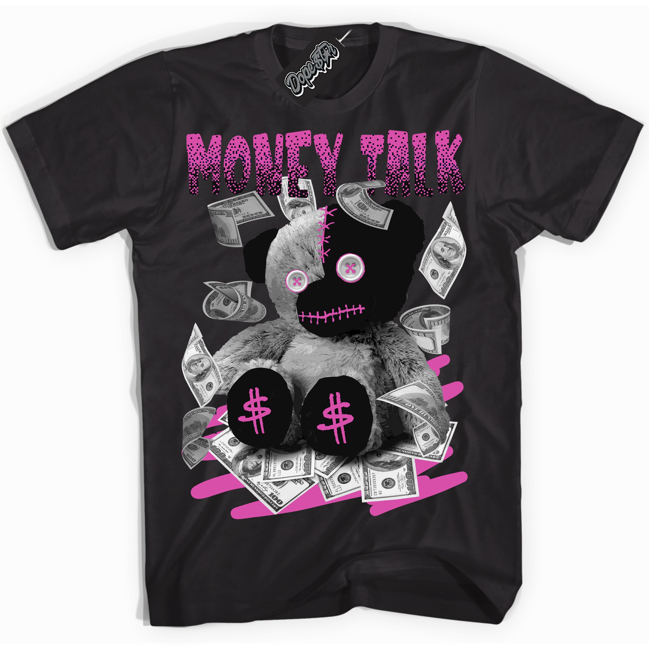 Black T-shirt with playful pink and black "Money Talk Bear" graphic, made to match Air Max 1 Valentine's Day sneakers | Sneaker Shirts Outlet