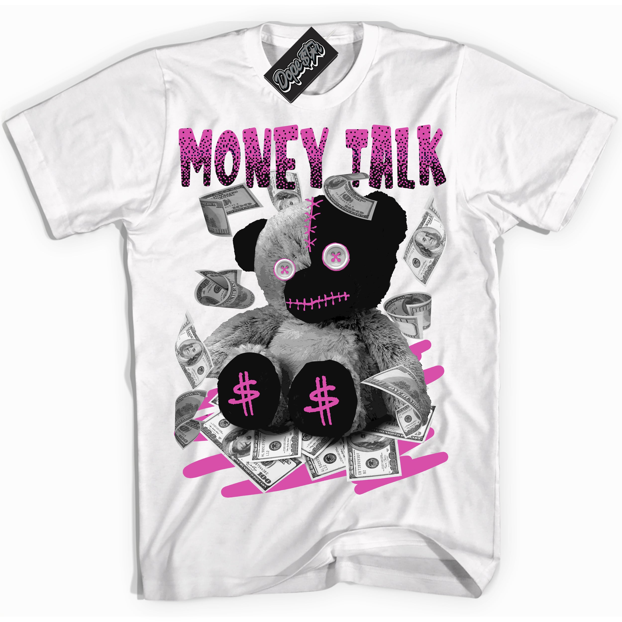 White T-shirt with playful pink and black "Money Talk Bear" graphic, made to match Air Max 1 Valentine's Day sneakers | Sneaker Shirts Outlet

