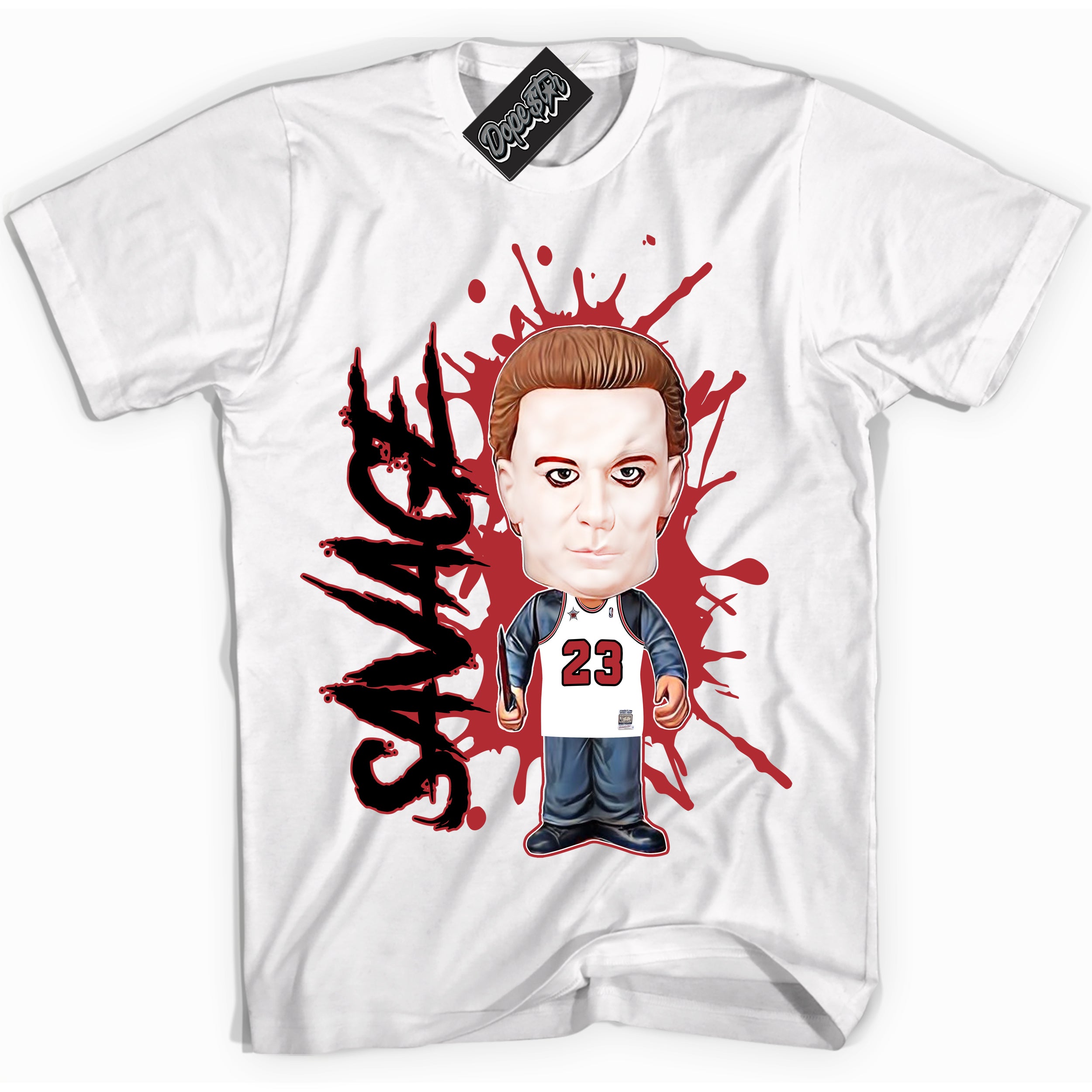 Cool White graphic tee with “ Michael Myers Savage ” print, that perfectly matches Lost And Found 1s sneakers 