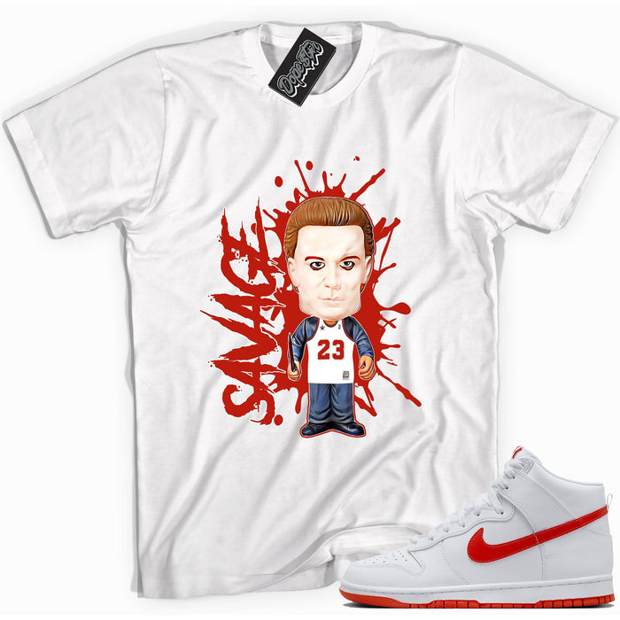 Cool white graphic tee with 'savage' print, that perfectly matches Nike Dunk High White Picante Red sneakers.