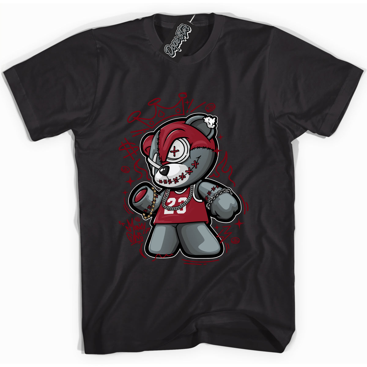 Cool Black graphic tee with “ Money Gang Bear ” print, that perfectly matches OG Metallic Burgundy 1s sneakers 