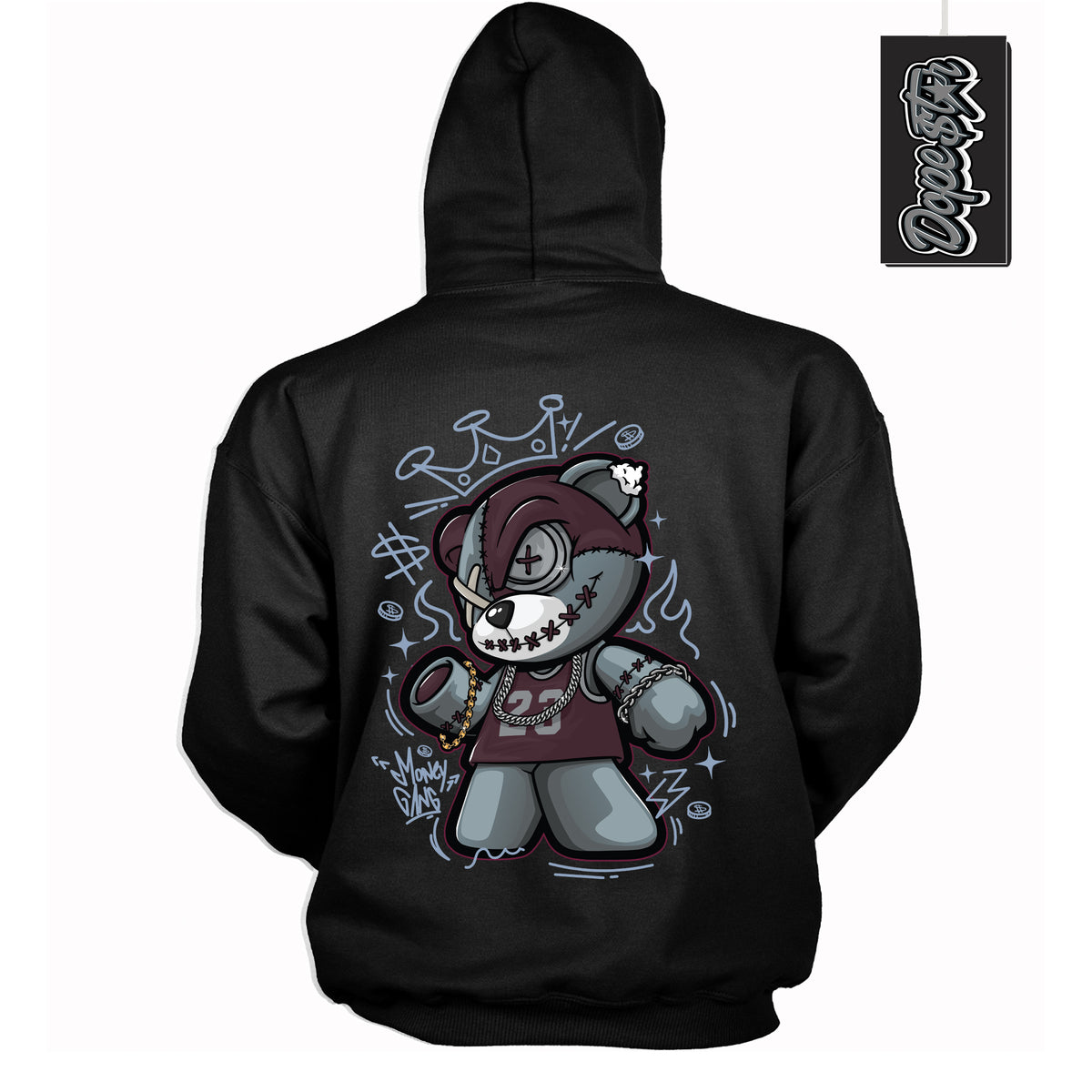 Cool Black Hoodie with “ Money Gang Bear ”  design that Perfectly Matches Burgundy 5s Sneakers.