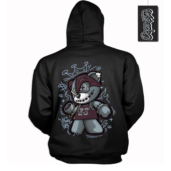 Cool Black Hoodie with “ Money Gang Bear ”  design that Perfectly Matches Burgundy 5s Sneakers.