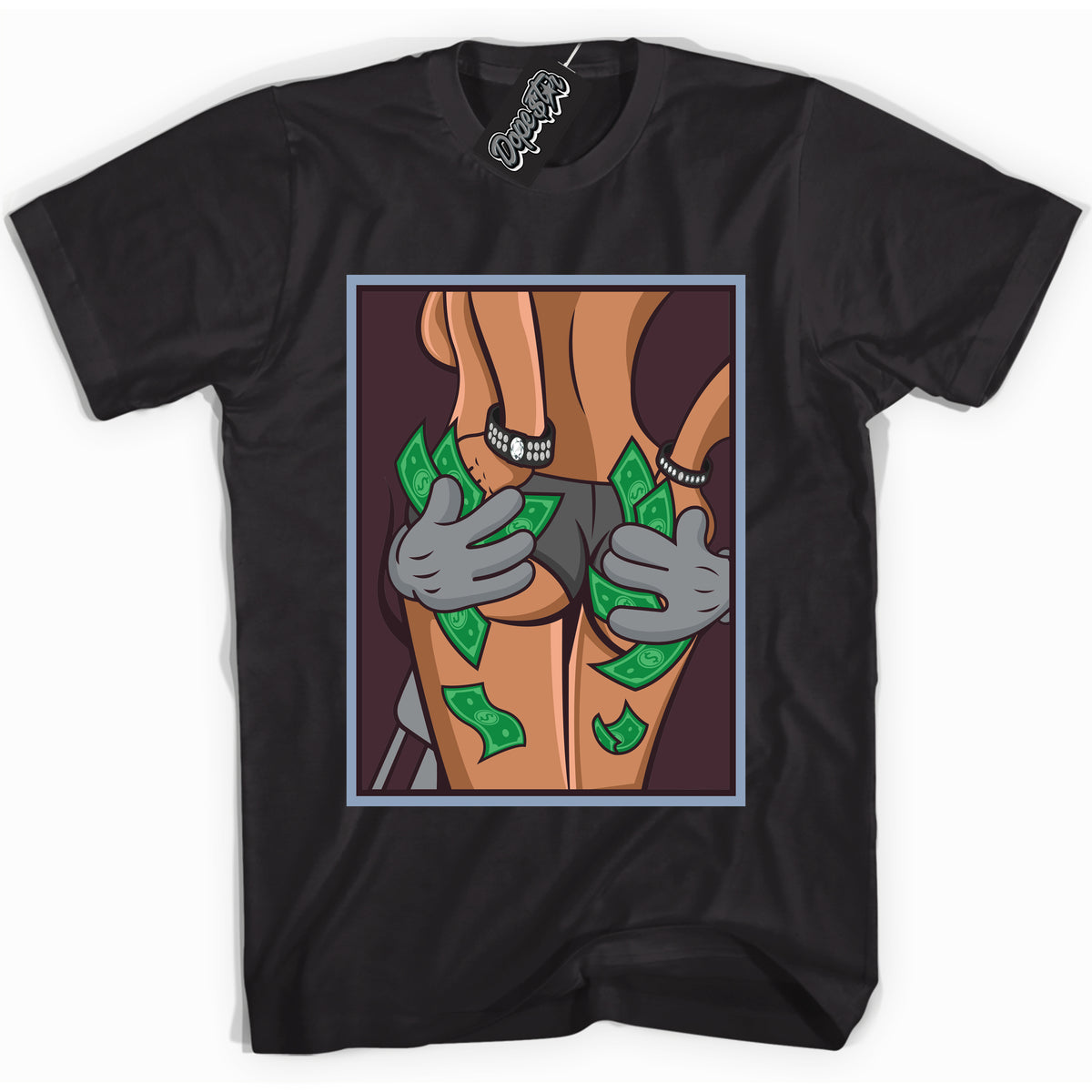 Cool Black Shirt with “ Money Hands” design that perfectly matches Burgundy 5s Sneakers.