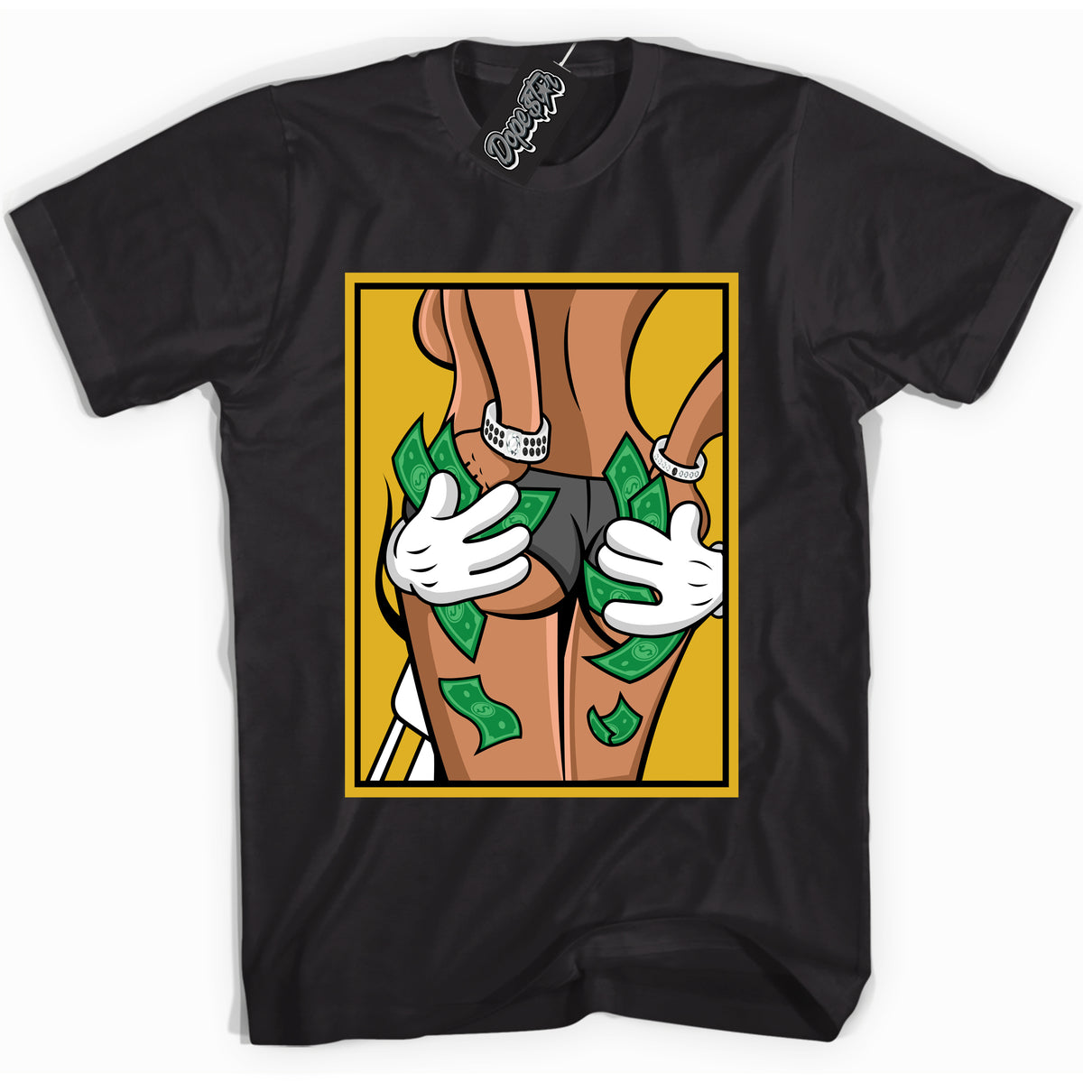 Cool Black Shirt with “ Money Hands ” design that perfectly matches Yellow Ochre 6s Sneakers.