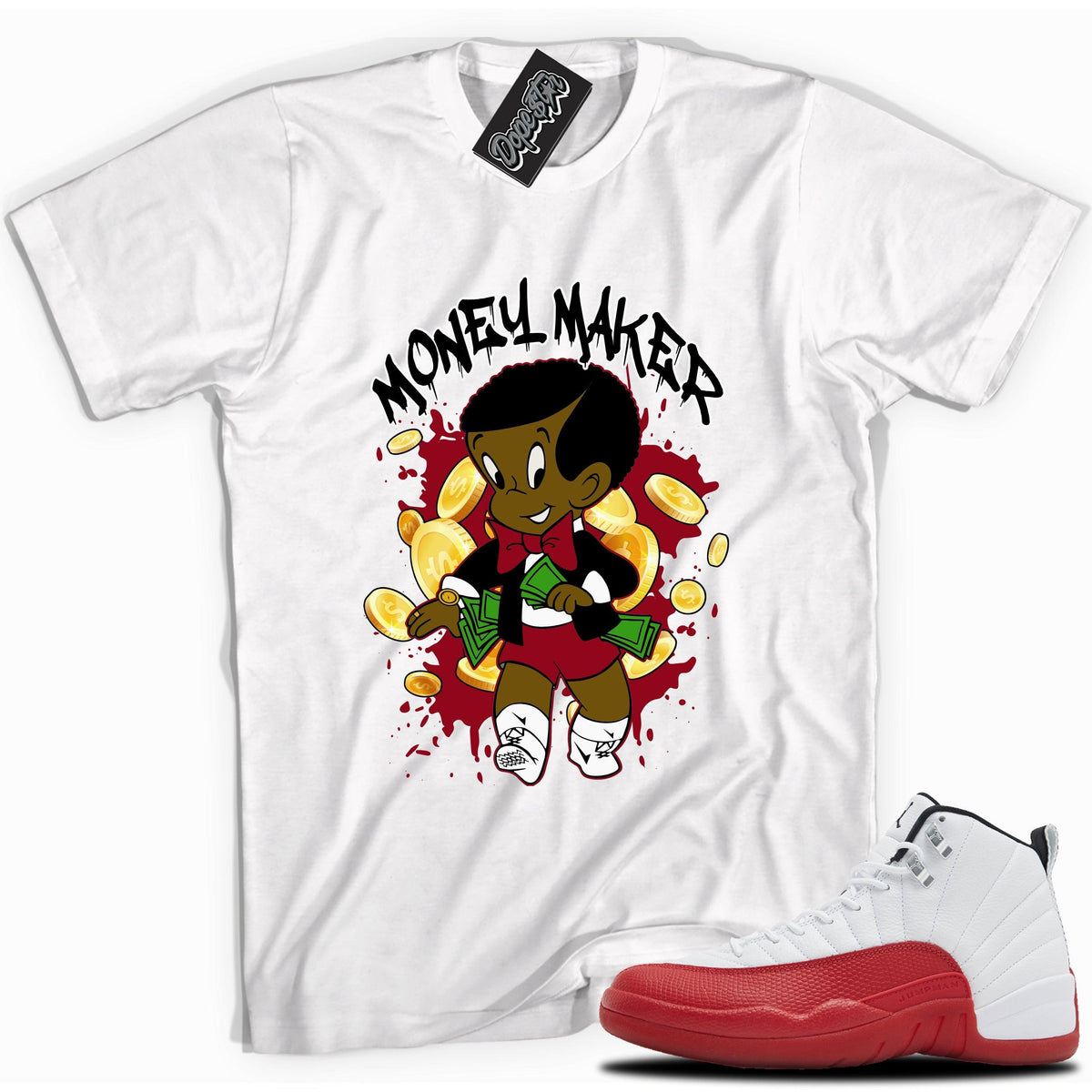 Cool White graphic tee with “  Money Maker ” print, that perfectly matches Air Jordan 12 Retro Cherry Red 2023 red and white sneakers 