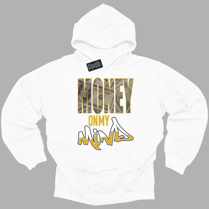 Cool White Hoodie with “ Money On My Mind ”  design that Perfectly Matches Yellow Ochre 6s Sneakers.