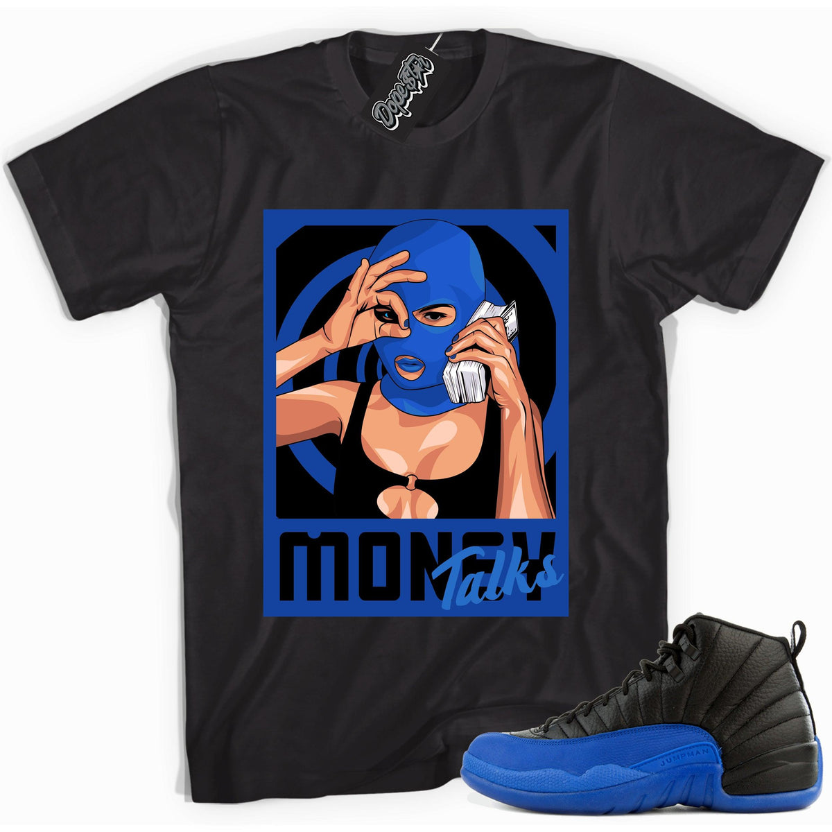 Cool black graphic tee with 'money talks' print, that perfectly matches  Air Jordan 12 Retro Black Game Royal sneakers.