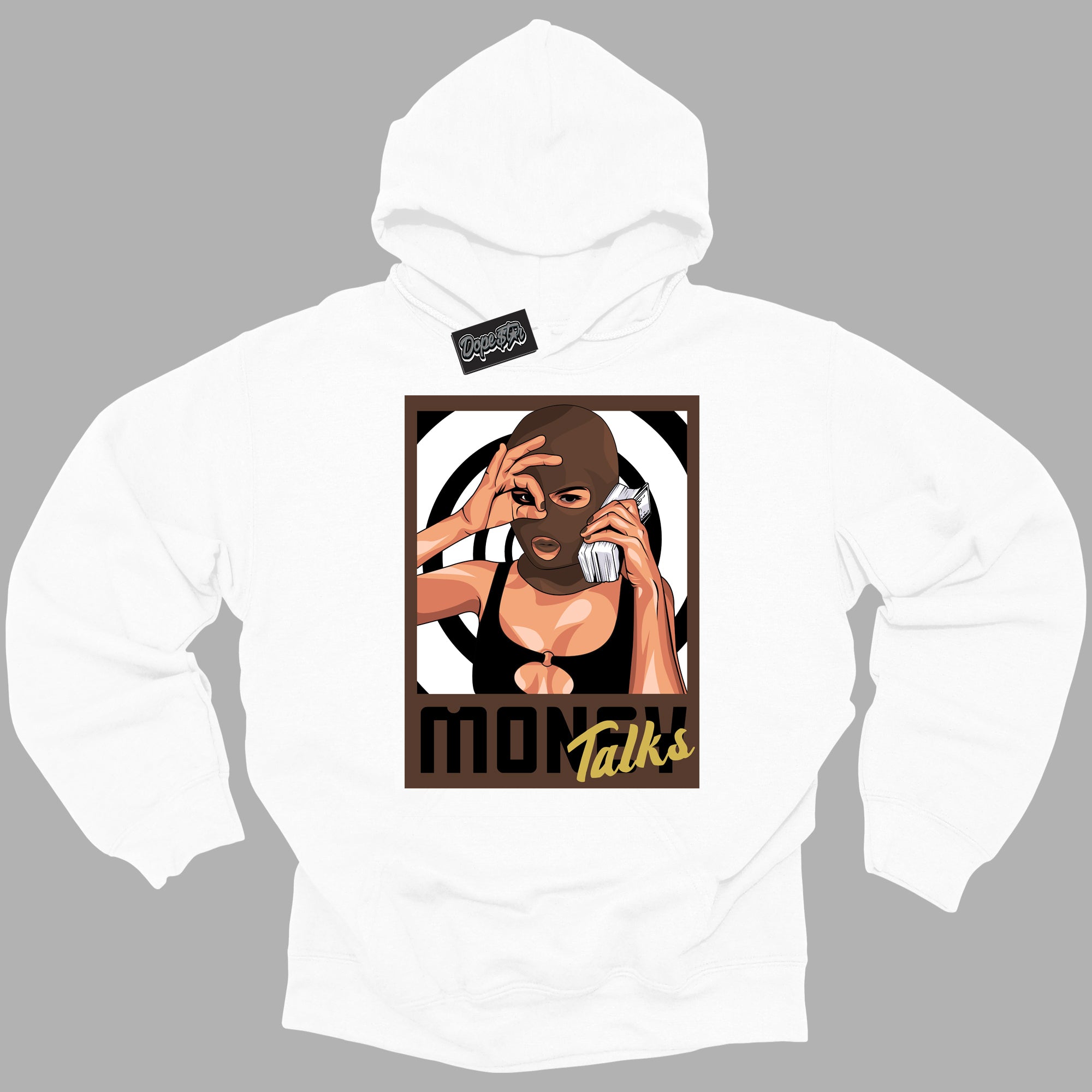 Cool White Graphic DopeStar Hoodie with “ Money Talks “ print, that perfectly matches Palomino 1s sneakers