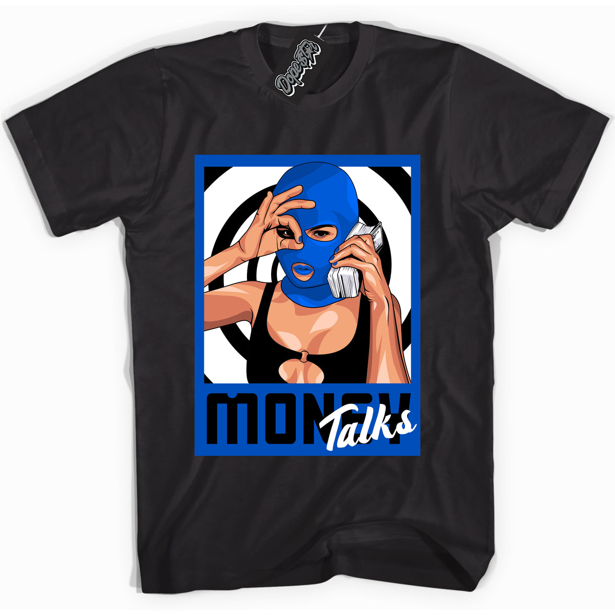 Cool Black graphic tee with Money Talks print, that perfectly matches OG Royal Reimagined 1s sneakers 