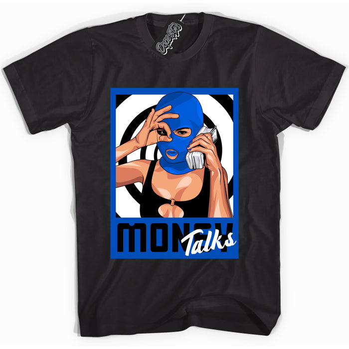 Cool Black graphic tee with Money Talks print, that perfectly matches OG Royal Reimagined 1s sneakers 