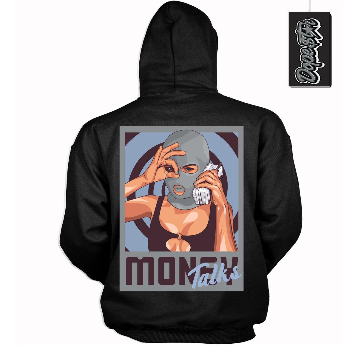 Cool Black Hoodie with “ Money Talks ”  design that Perfectly Matches Burgundy 5s Sneakers.