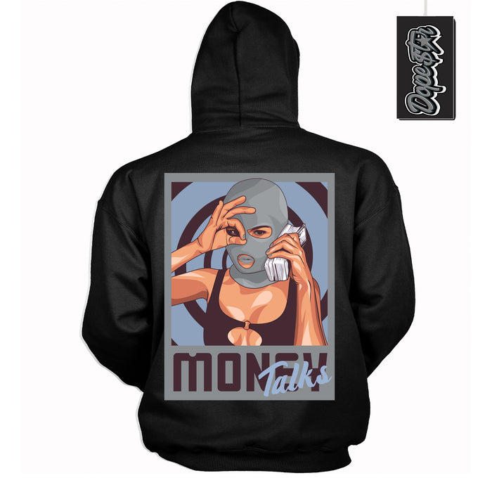 Cool Black Hoodie with “ Money Talks ”  design that Perfectly Matches Burgundy 5s Sneakers.