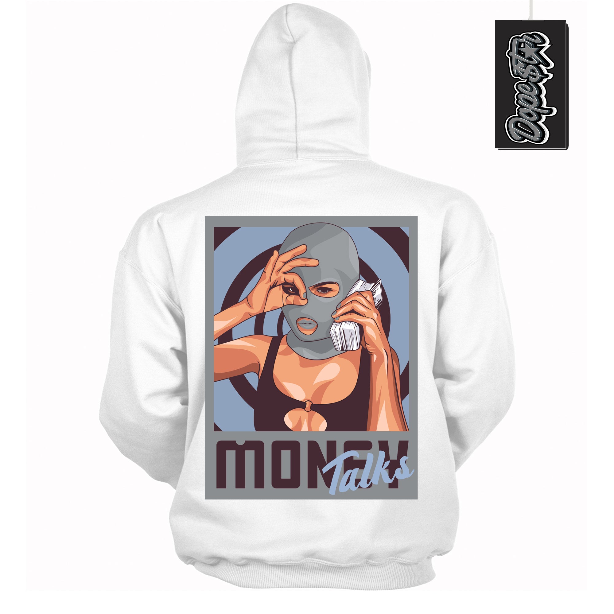 Cool White Hoodie with “ Money Talks ”  design that Perfectly Matches Burgundy 5s Sneakers.