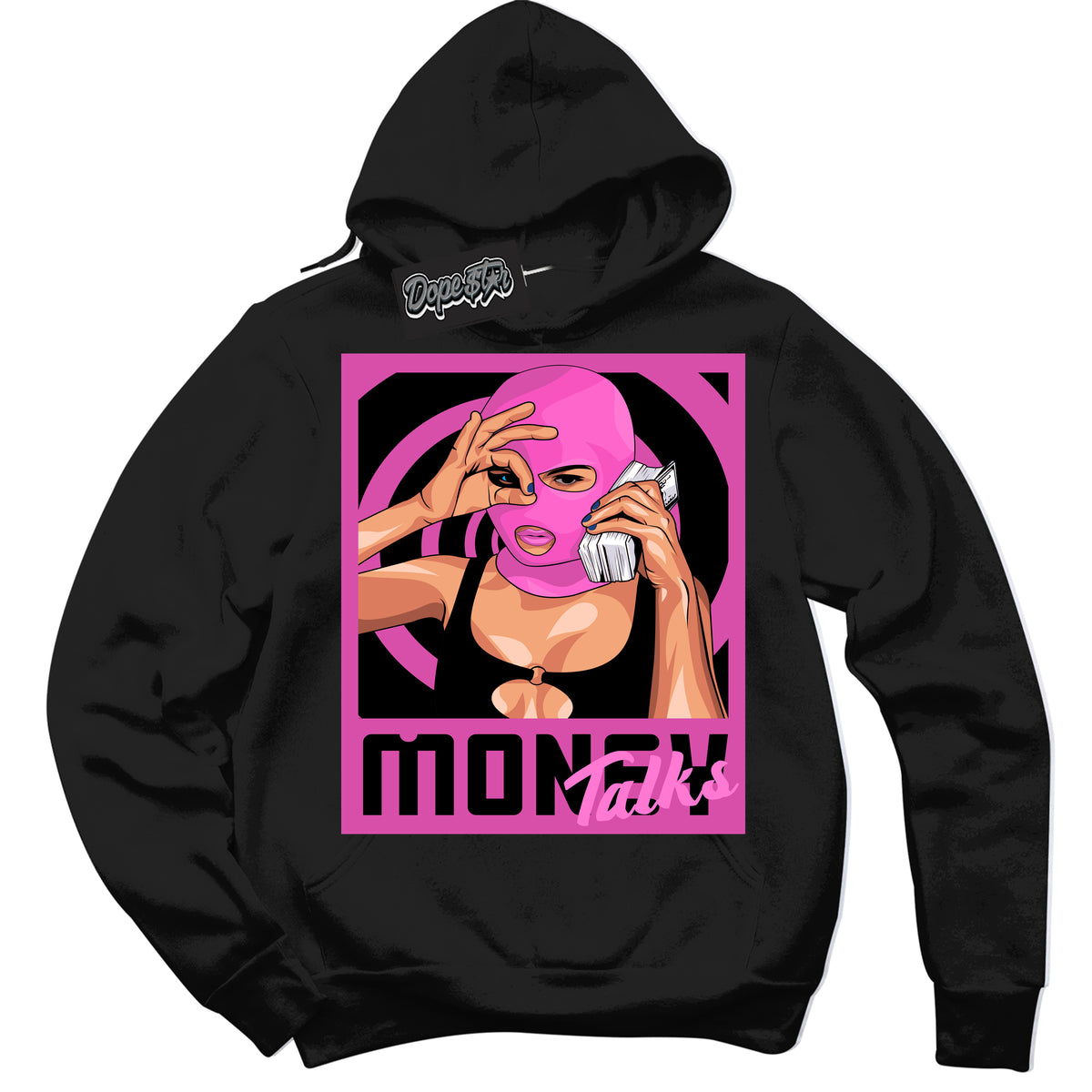 Black Hoodie with playful pink and black "Money Talks" graphic, made to match Air Max 1 Valentine's Day sneakers | Sneaker Shirts Outlet