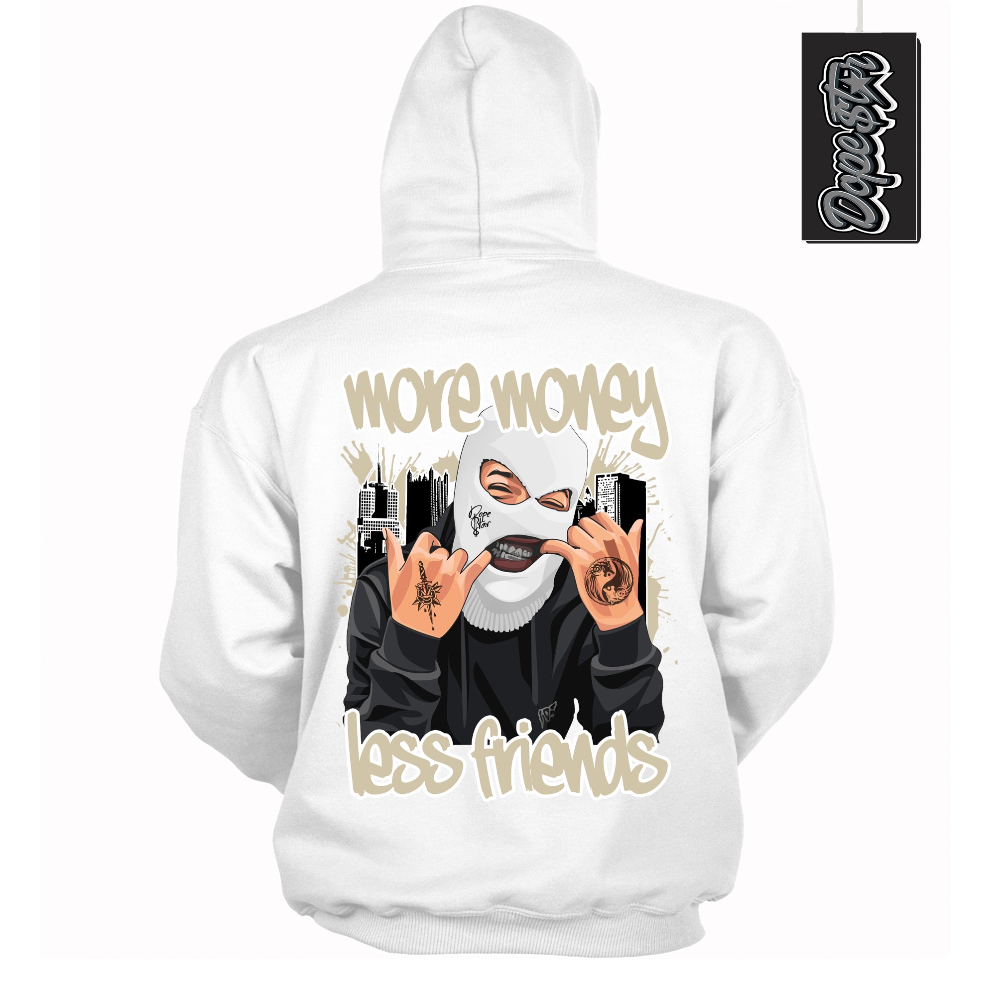 Cool White Hoodie with “ More Money Less Friends ”  design that Perfectly Matches Gratitude 11s Sneakers.