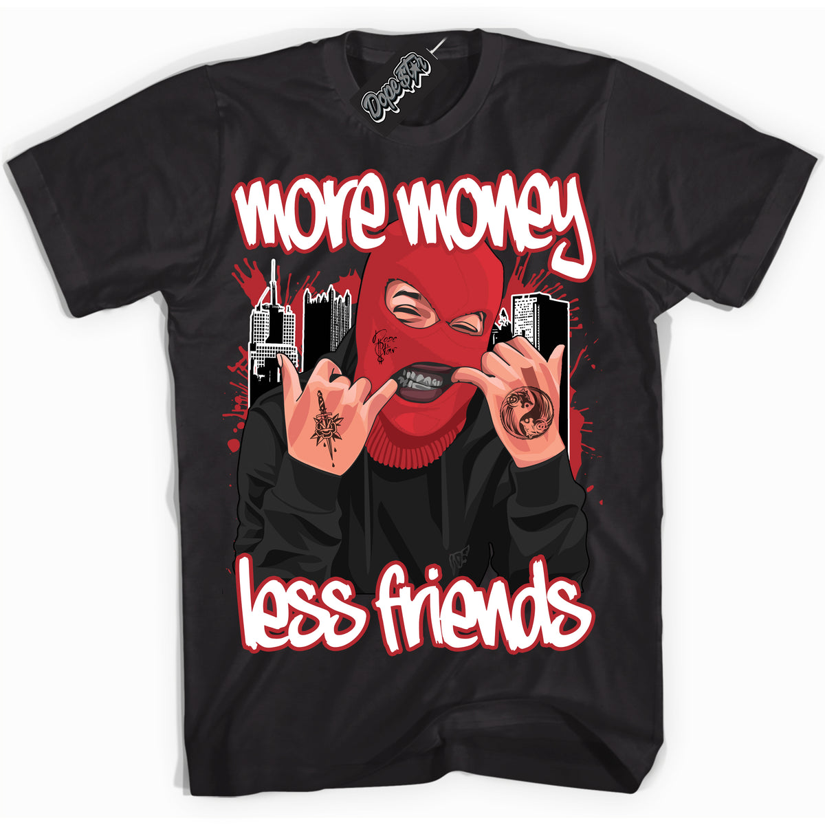 Cool Black graphic tee with “ More Money Less Friends ” print, that perfectly matches Lost And Found 1s sneakers 