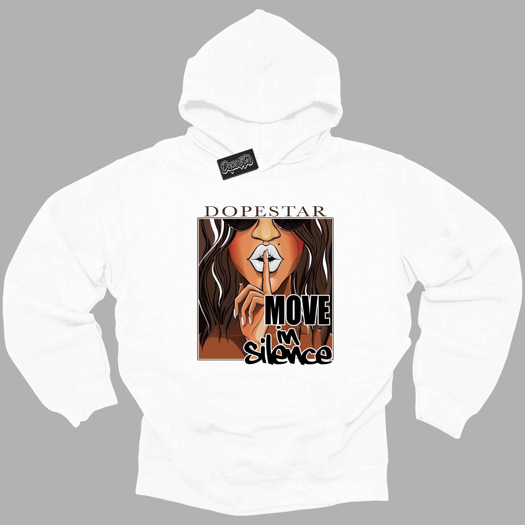 Cool White Graphic DopeStar Hoodie with “ Move In Silence “ print, that perfectly matches Palomino 1s sneakers