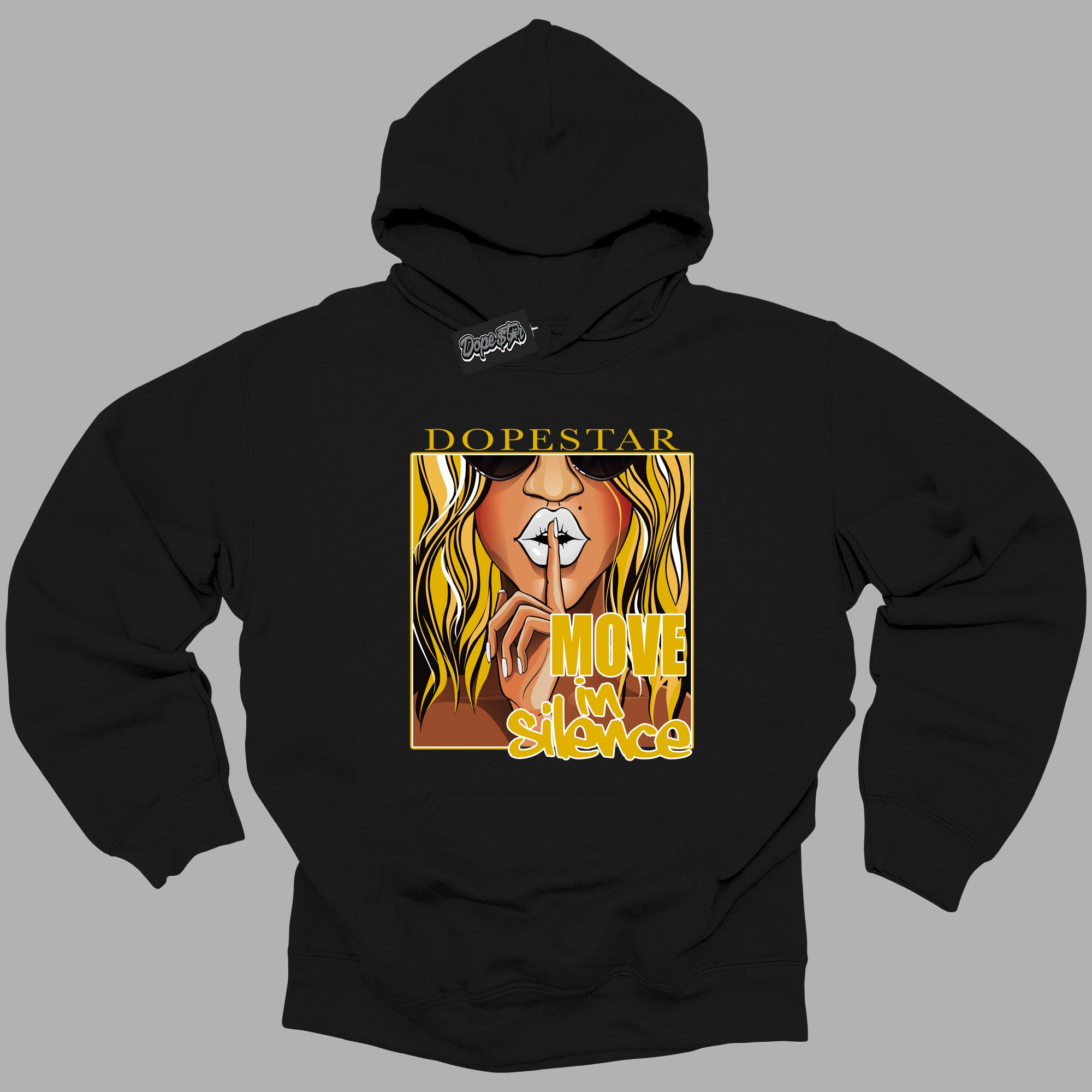 Cool Black Hoodie with “ Move In Silence ”  design that Perfectly Matches Yellow Ochre 6s Sneakers.