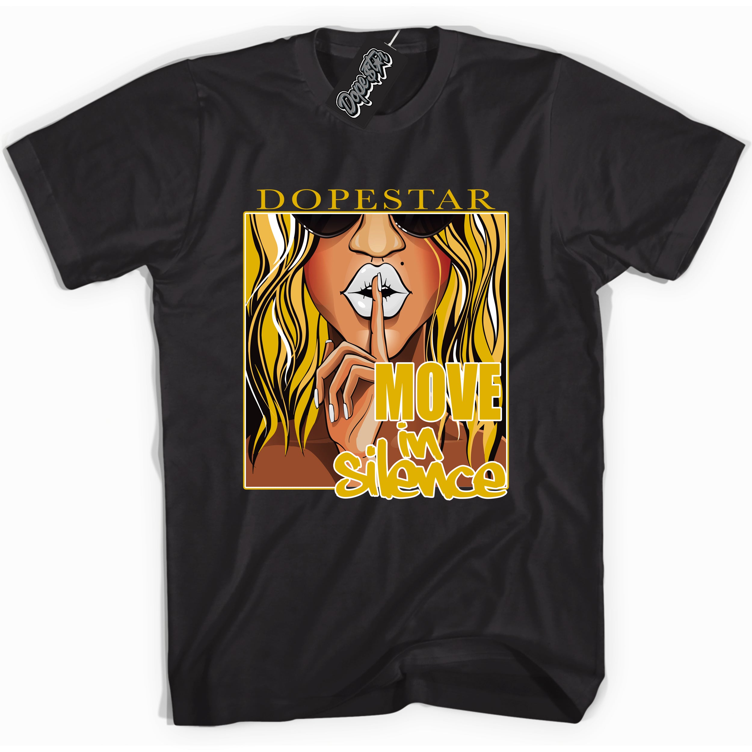 Cool Black Shirt with “ Move In Silence ” design that perfectly matches Yellow Ochre 6s Sneakers.