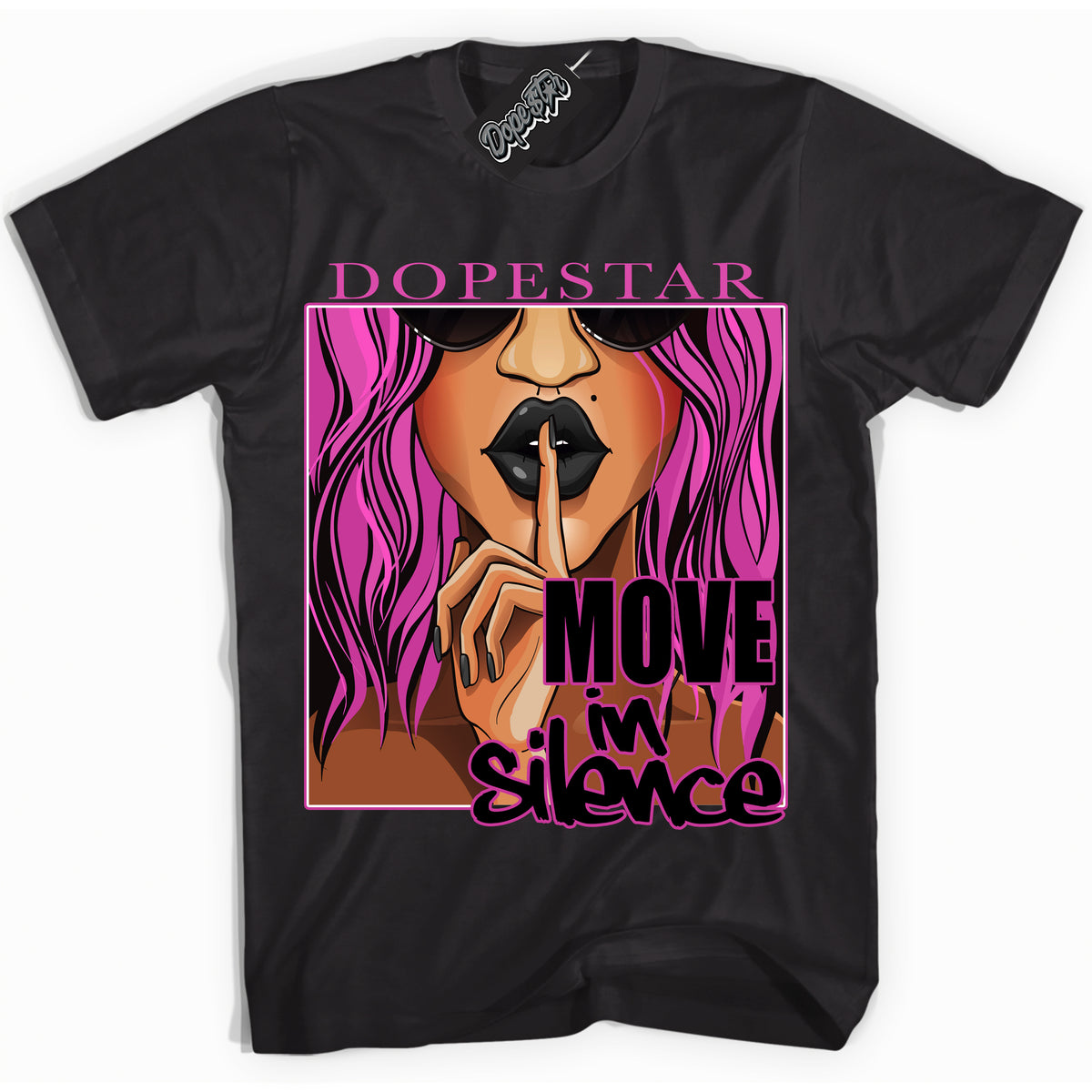 Black T-shirt with playful pink and black "Move In Silence" graphic, made to match Air Max 1 Valentine's Day sneakers | Sneaker Shirts Outlet
