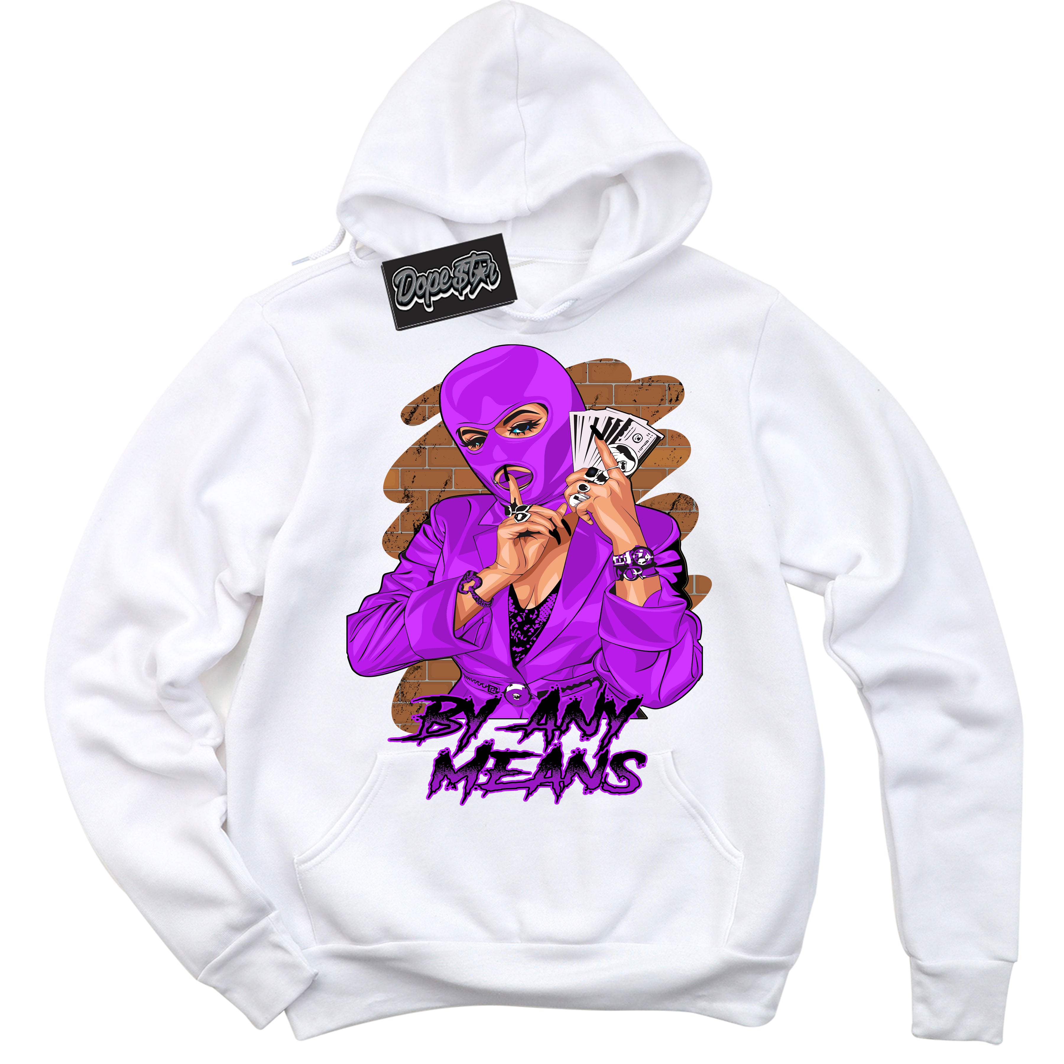 Cool White Hoodie with “ By Any Means ”  design that Perfectly Matches RTKT Genesis Dunk Sneakers.