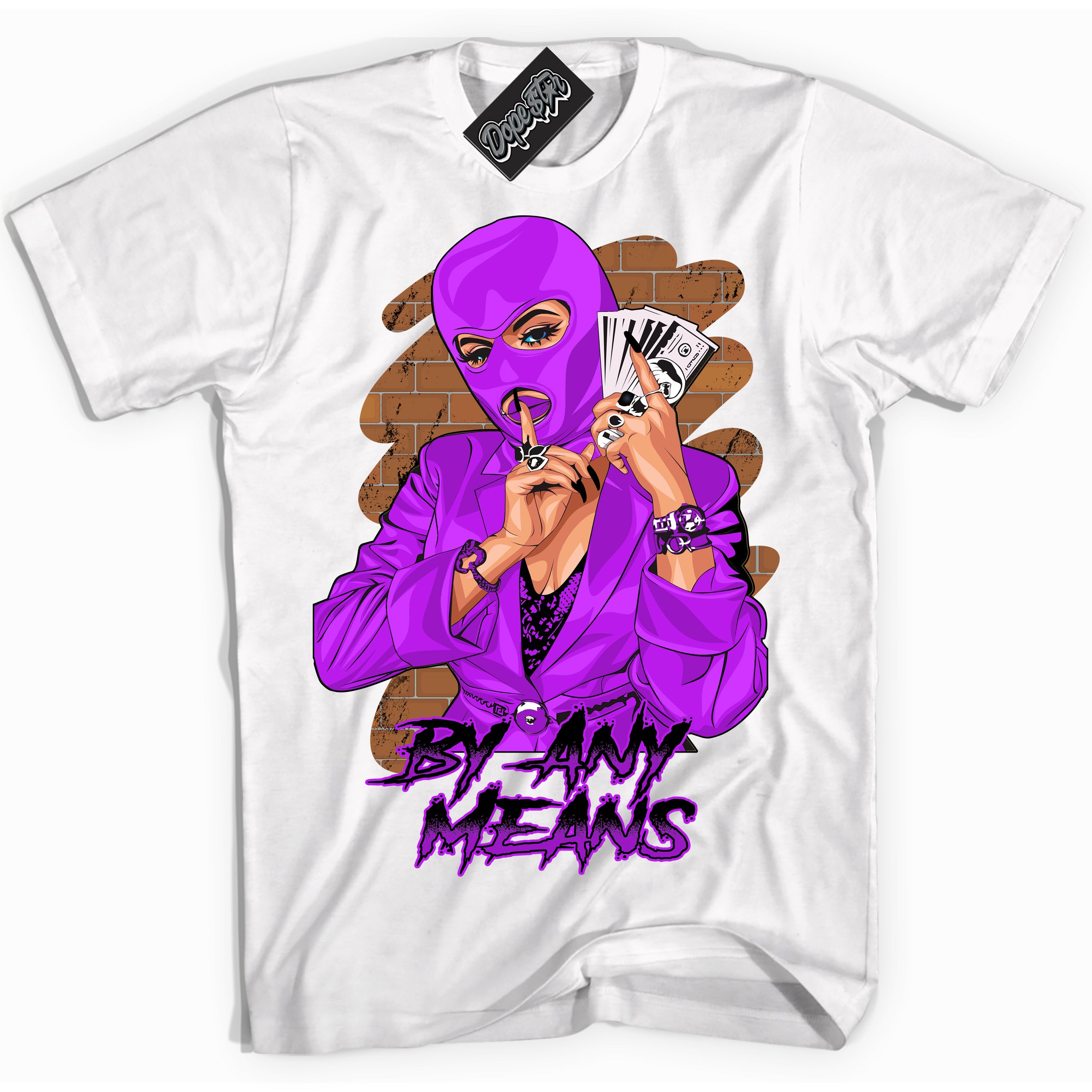 Cool White Shirt with “ By Any Means” design that perfectly matches RTKT Genesis Dunk Sneakers.