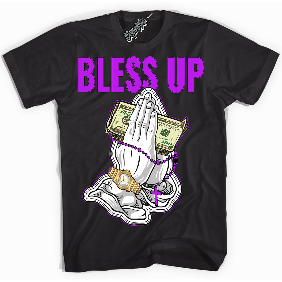 Cool Black Shirt with “ Bless Up” design that perfectly matches RTKT Genesis Dunk Sneakers.