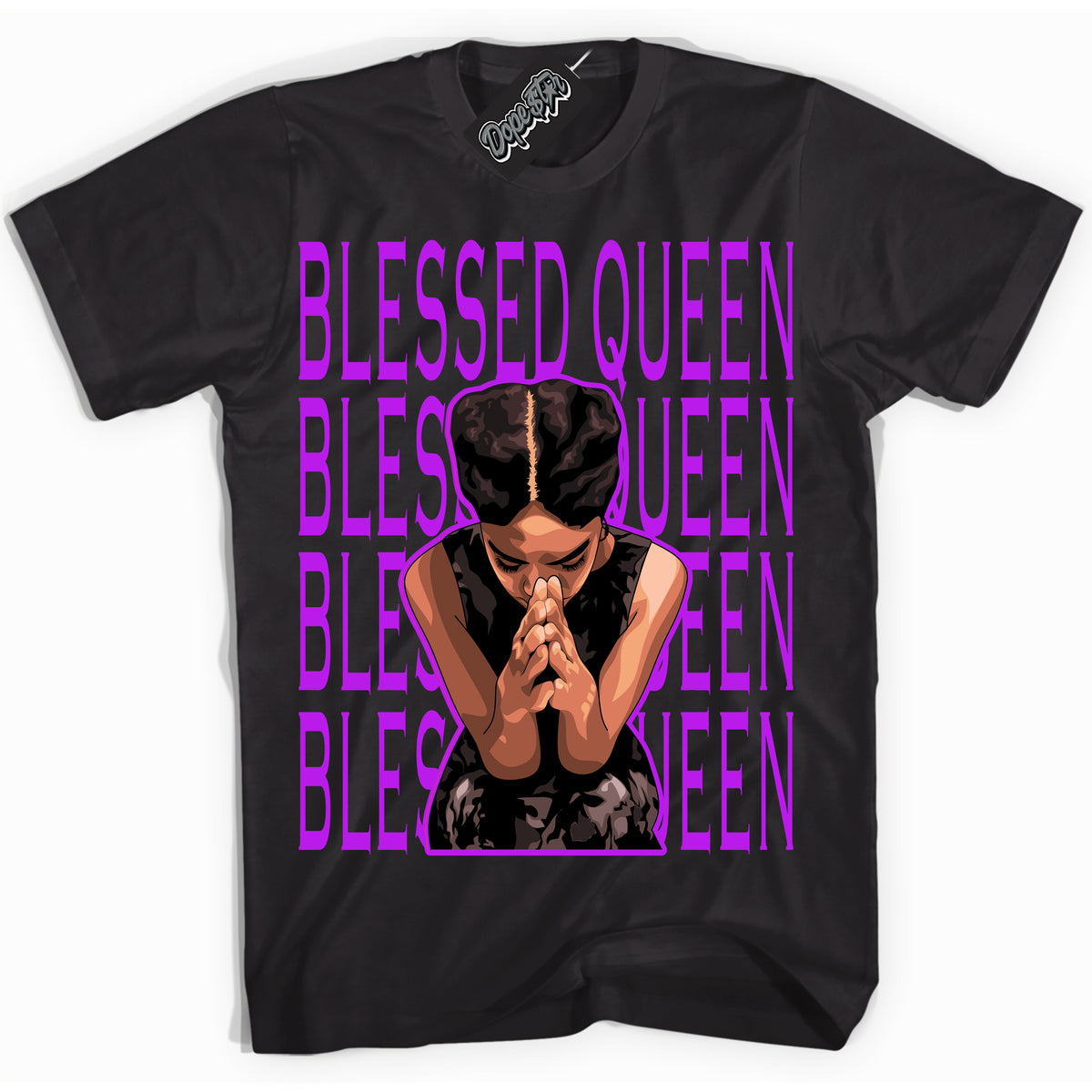 Cool Black Shirt with “ Blessed Queen” design that perfectly matches RTKT Genesis Dunk Sneakers.