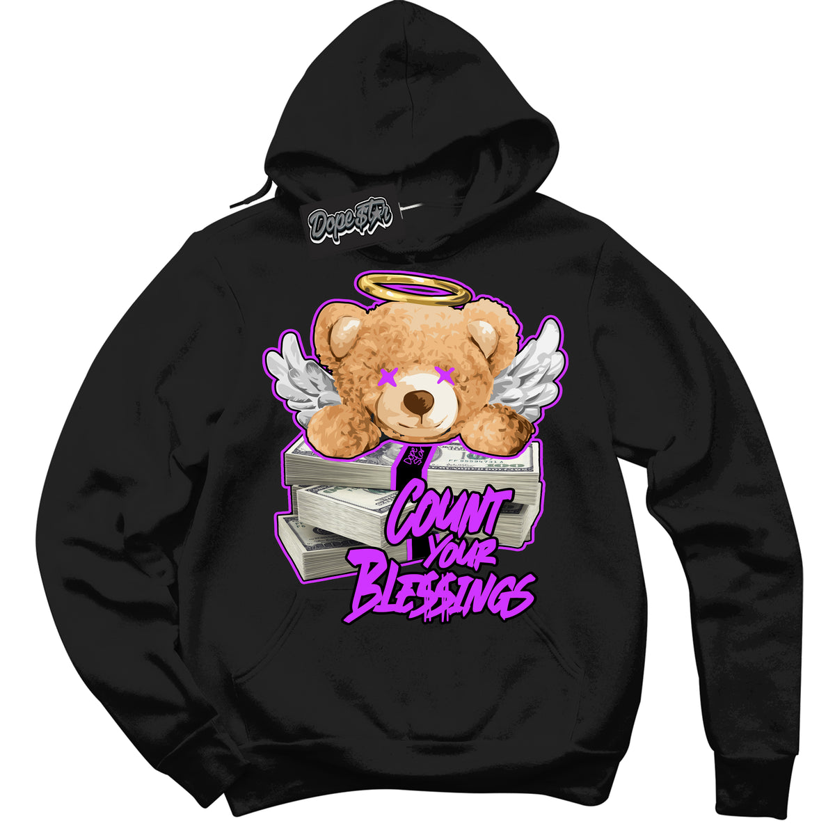 Cool Black Hoodie with “ Count Your Blessings ”  design that Perfectly Matches RTKT Genesis Dunk Sneakers.