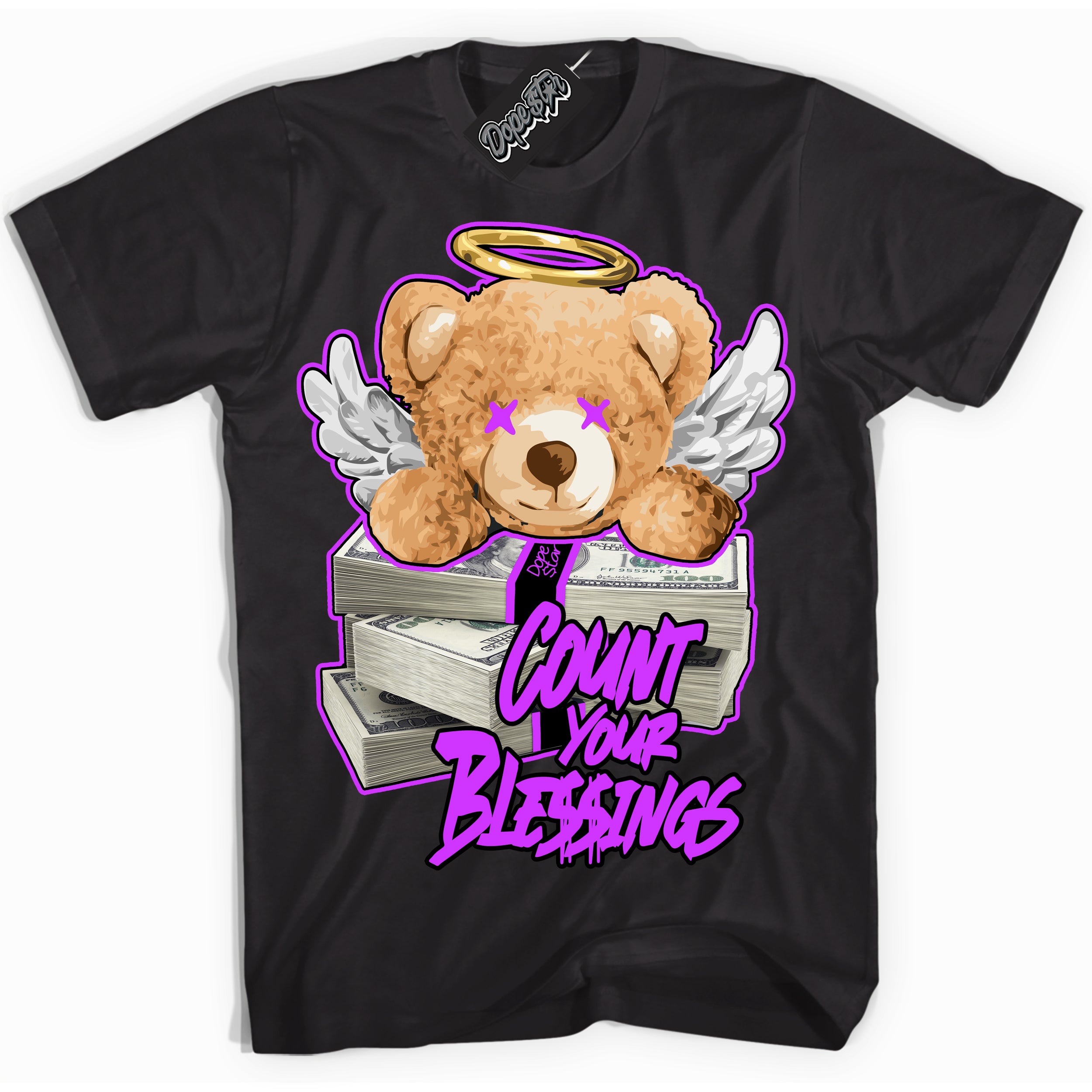 Cool Black Shirt with “ Count Your Blessings” design that perfectly matches RTKT Genesis Dunk Sneakers.