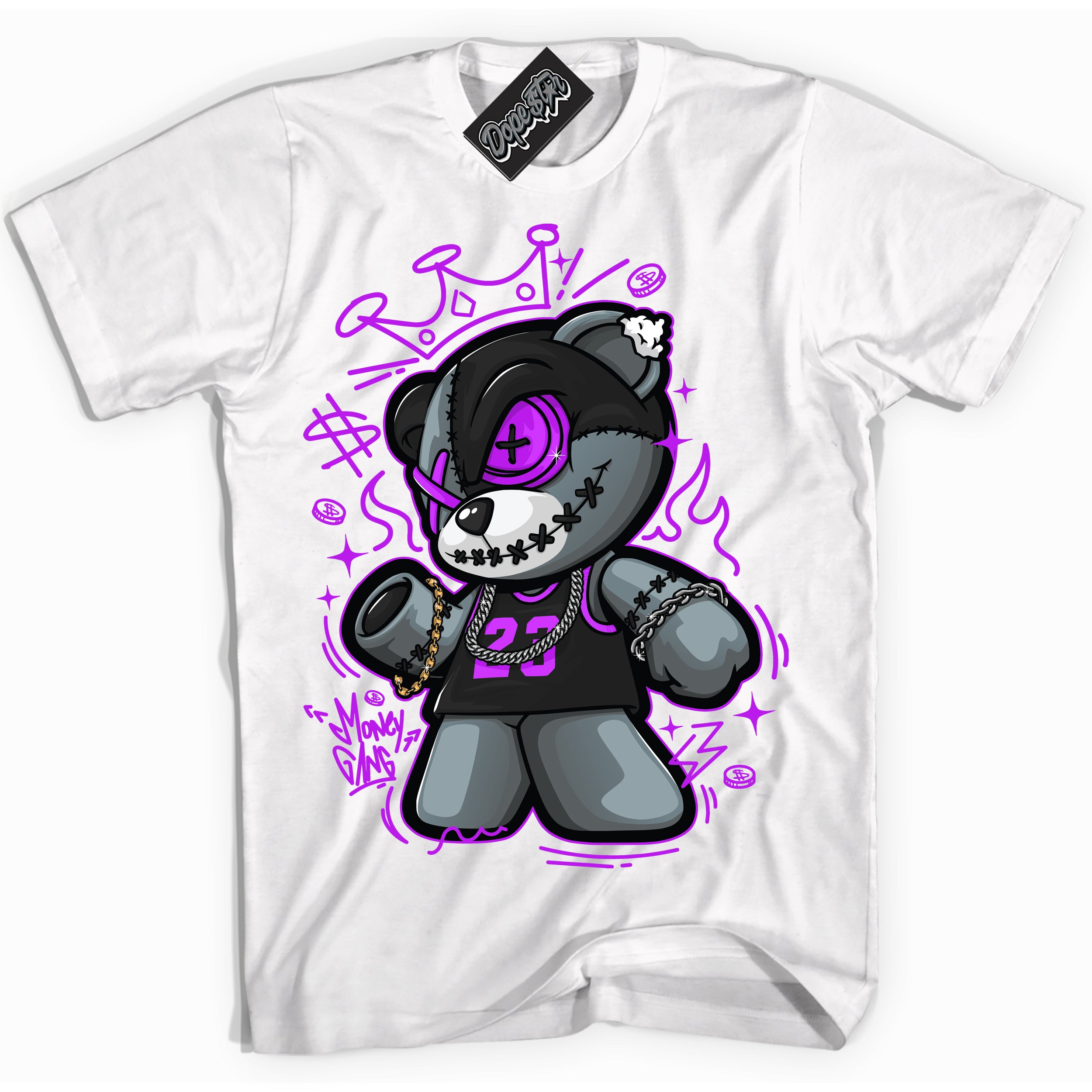 Cool White Shirt with “ Money Gang Bear” design that perfectly matches RTKT Genesis Dunk Sneakers.