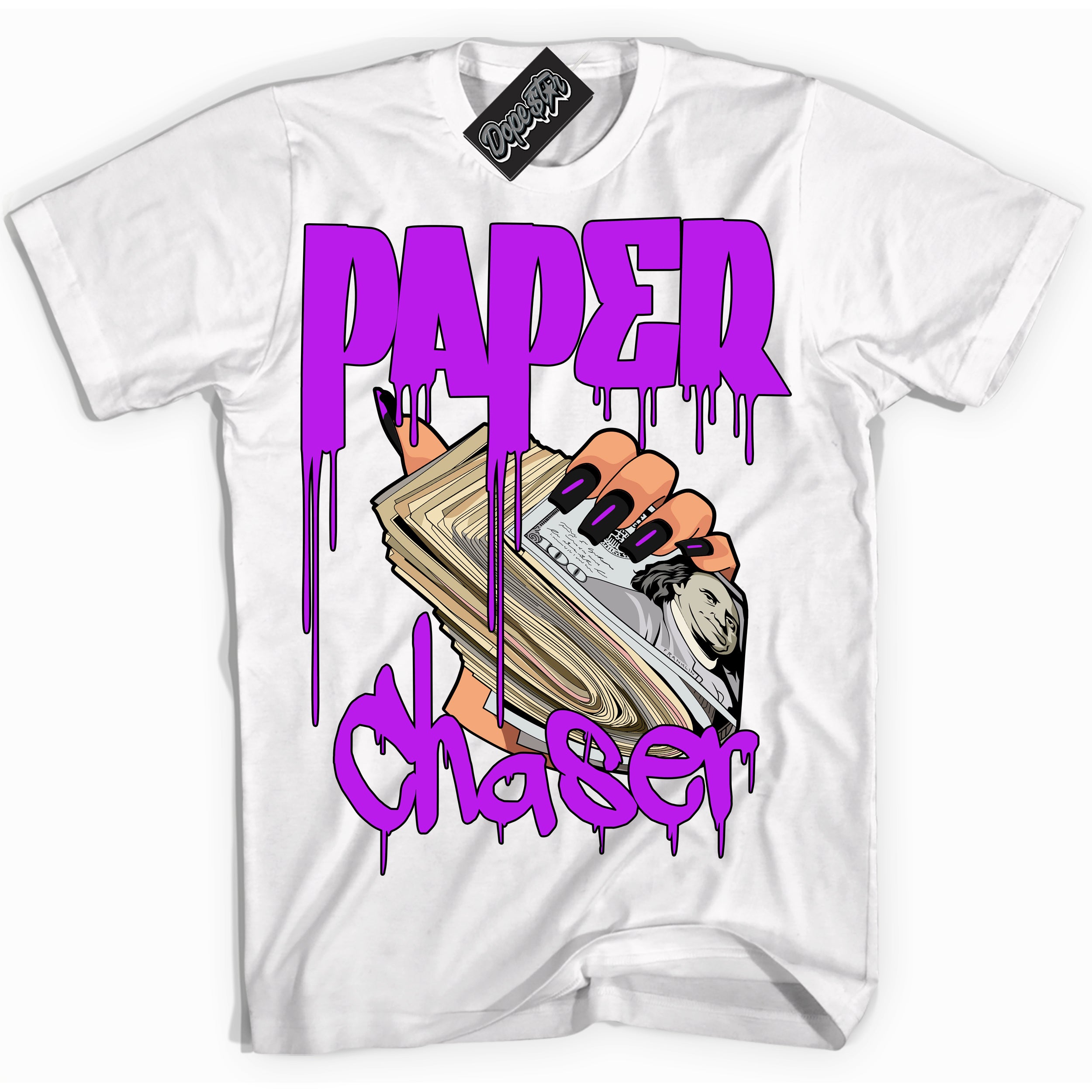 Cool White Shirt with “ Paper Chaser” design that perfectly matches RTKT Genesis Dunk Sneakers.