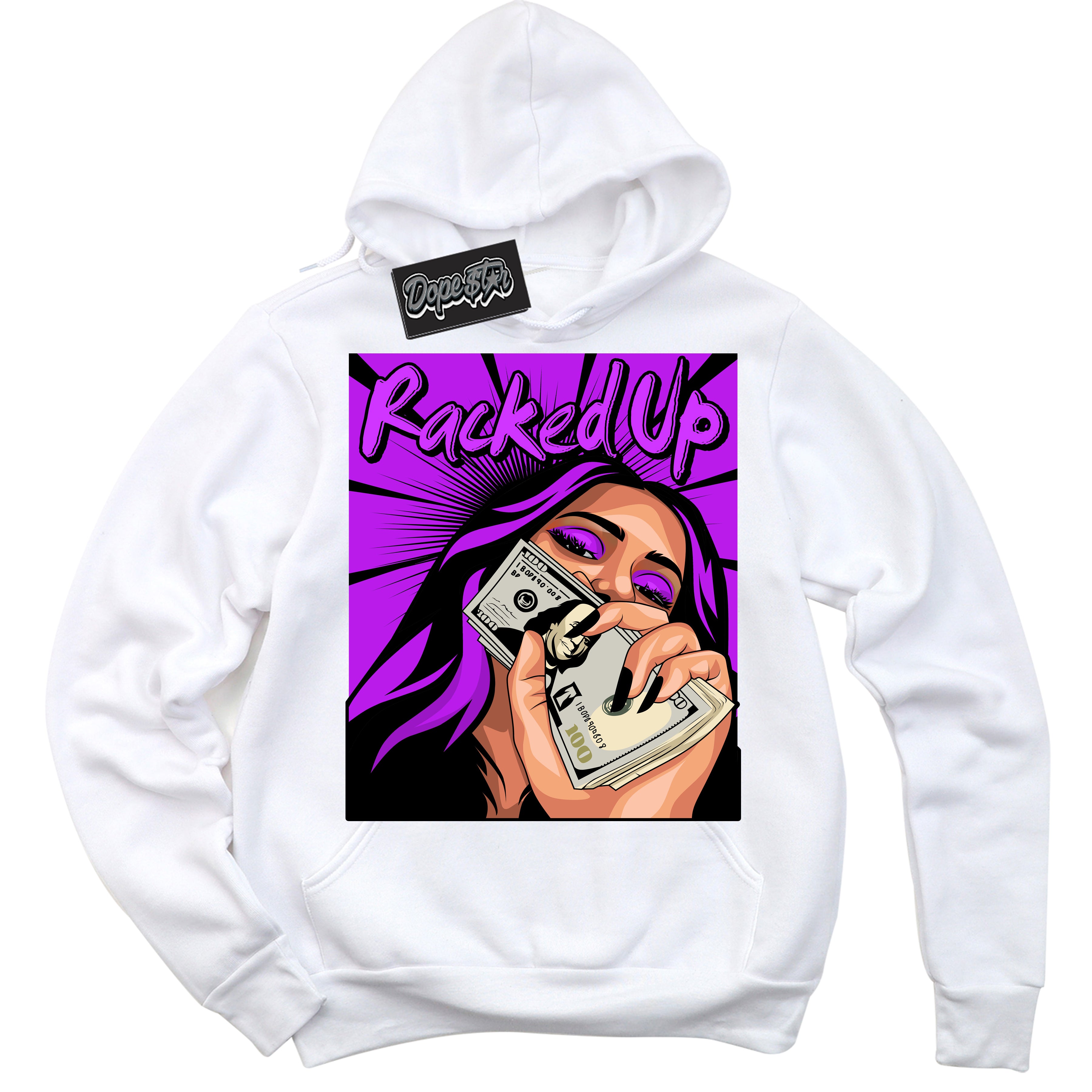 Cool White Hoodie with “ Racked Up ”  design that Perfectly Matches RTKT Genesis Dunk Sneakers.
