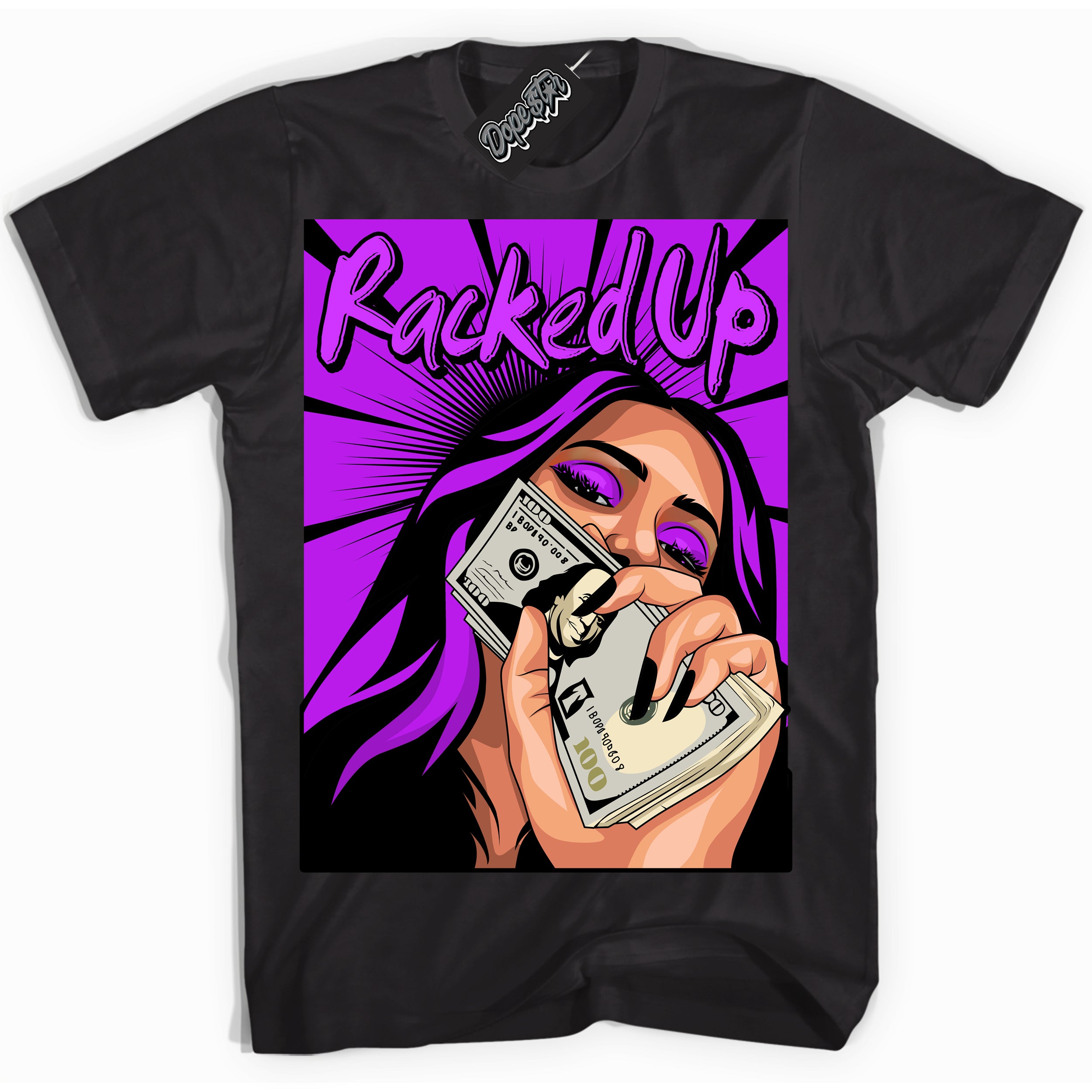 Cool Black Shirt with “ Racked Up” design that perfectly matches RTKT Genesis Dunk Sneakers.