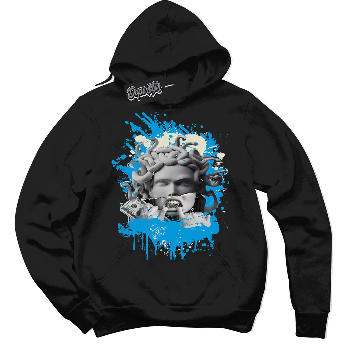 Dunk High Next Nature Light Khaki Star Blue 'Medusa' Hoodie – Black Streetwear Sweatshirt | Sneaker Matching Hoodie for Dunk High Next Nature Light Khaki Star Blue | Urban Fashion for Medusa | Men's & Women's Streetwear Outfit by Sneaker Shirts Outlet.
