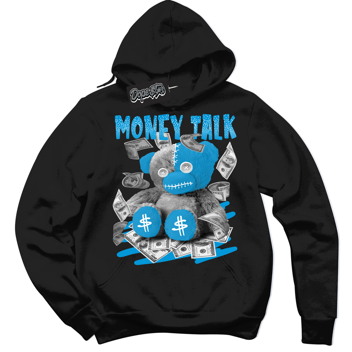 Dunk High Next Nature Light Khaki Star Blue 'Money Talk Bear' Hoodie – Black Streetwear Sweatshirt | Sneaker Matching Hoodie for Dunk High Next Nature Light Khaki Star Blue | Urban Fashion for Money Talk Bear | Men's & Women's Streetwear Outfit by Sneaker Shirts Outlet.
