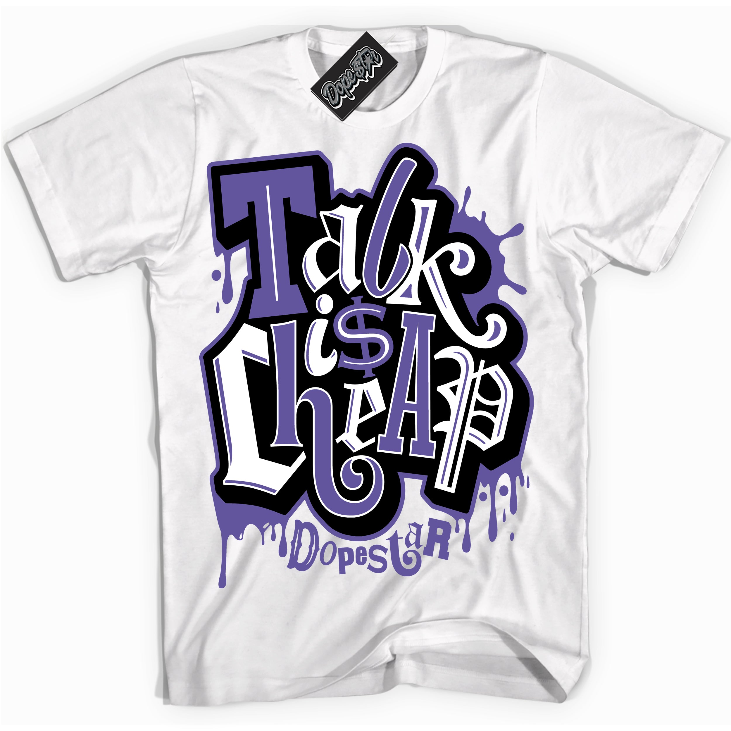 Cool White Shirt with “ Talk Is Cheap” design that perfectly matches Psychic Purple Sneakers.