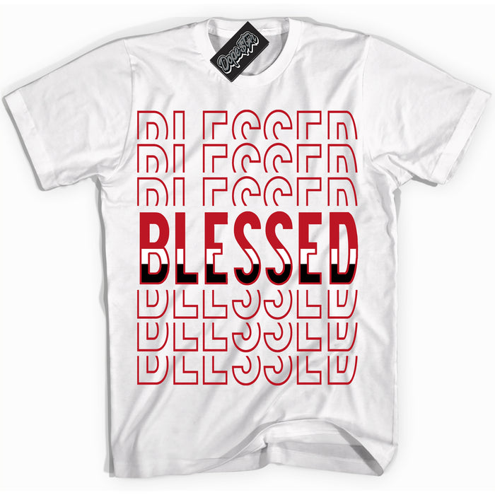 Cool White Shirt with “ Blessed Stacked ” design that perfectly matches Black Dragon Red Dunk.
