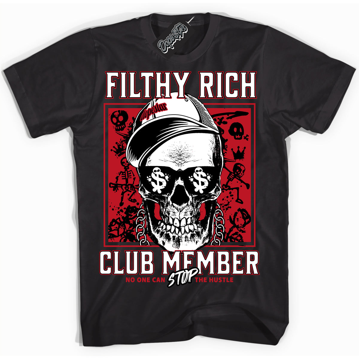Cool Black Shirt with “ Filthy Rich ” design that perfectly matches Black Dragon Red Dunk.
