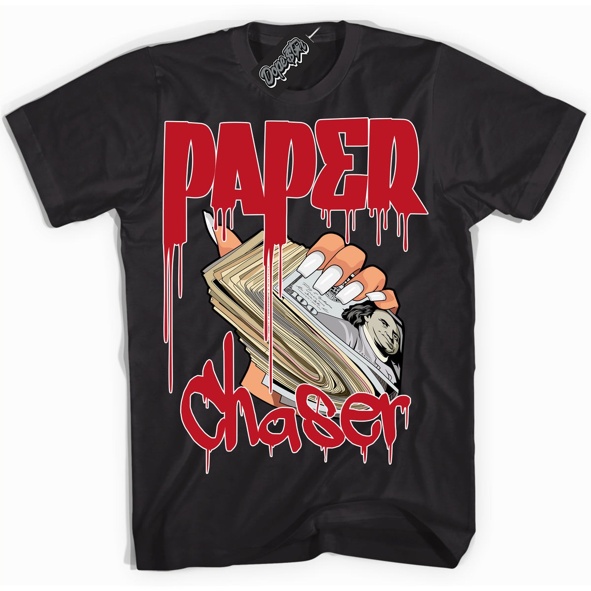 Cool Black Shirt with “ Paper Chaser ” design that perfectly matches Black Dragon Red Dunk.
