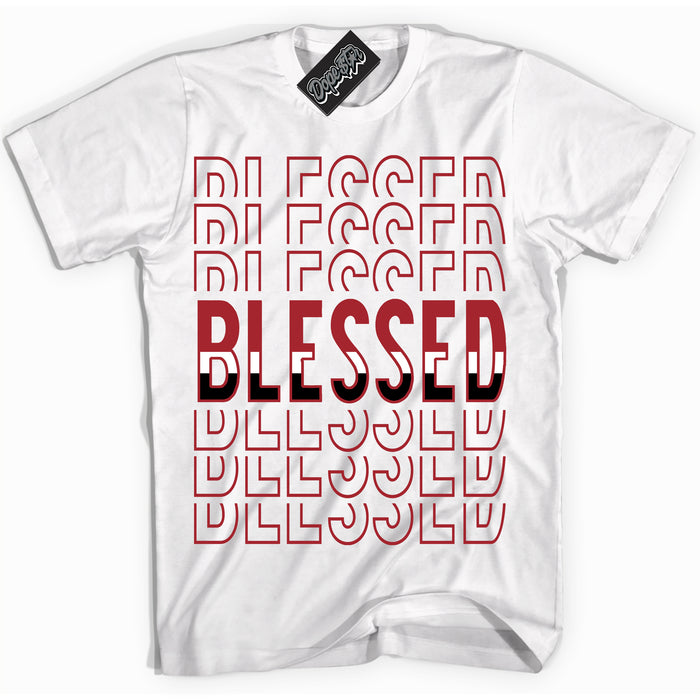 Dunk Low Black Toe Bright Crimson 'Blessed Stacked' Shirt – White Streetwear T-Shirt | Sneaker Matching Tee for Dunk Low Black Toe Bright Crimson | Men's & Women's Streetwear Outfit by Sneaker Shirts Outlet.
