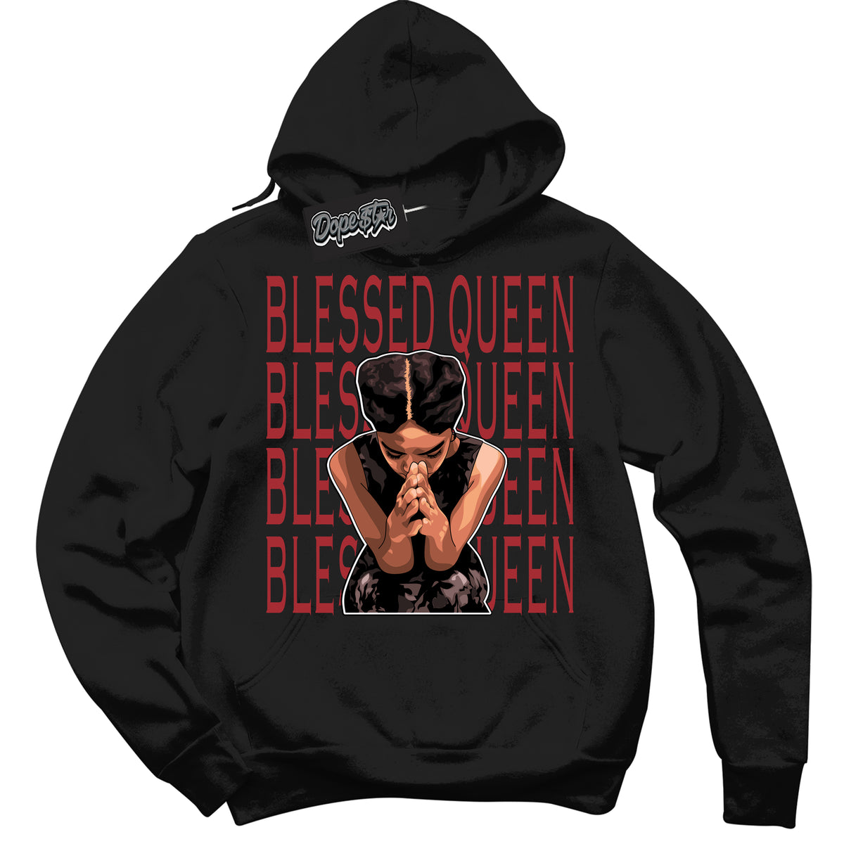 Dunk Low Black Toe Bright Crimson 'Blessed Queen' Hoodie – Black Streetwear Sweatshirt | Sneaker Matching Hoodie for Dunk Low Black Toe Bright Crimson | Men's & Women's Streetwear Outfit by Sneaker Shirts Outlet.
