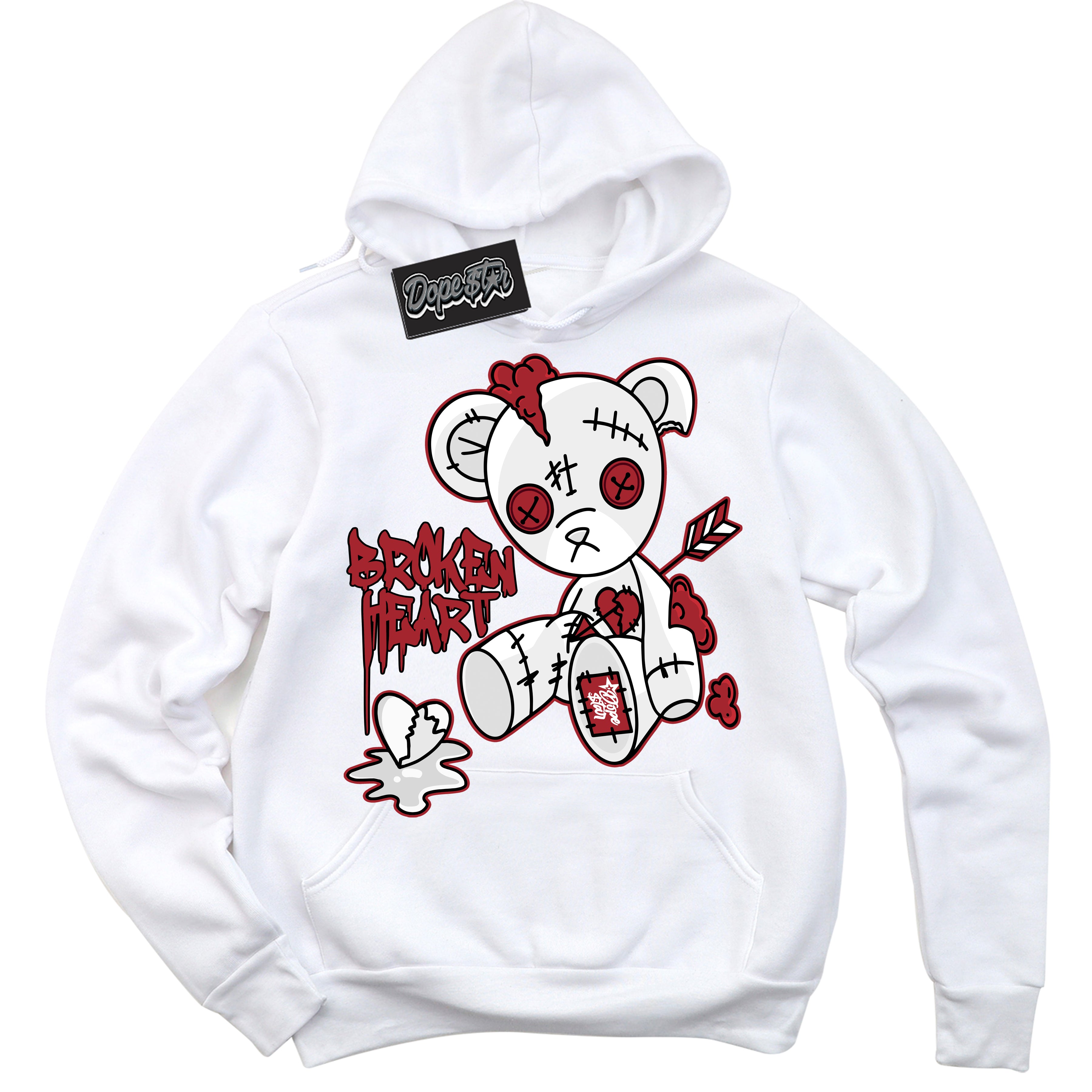 Dunk Low Black Toe Bright Crimson 'Broken Heart Bear' Hoodie – White Streetwear Sweatshirt | Sneaker Matching Hoodie for Dunk Low Black Toe Bright Crimson | Men's & Women's Streetwear Outfit by Sneaker Shirts Outlet.
